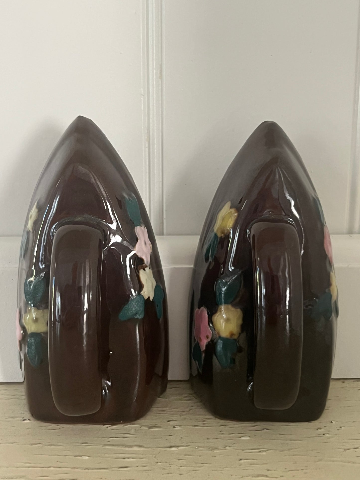 Vintage Circa 1950s–1960s Ceramic Iron-Shaped Salt & Pepper Shakers | Floral Romance with a Hint of Domestic Decadence