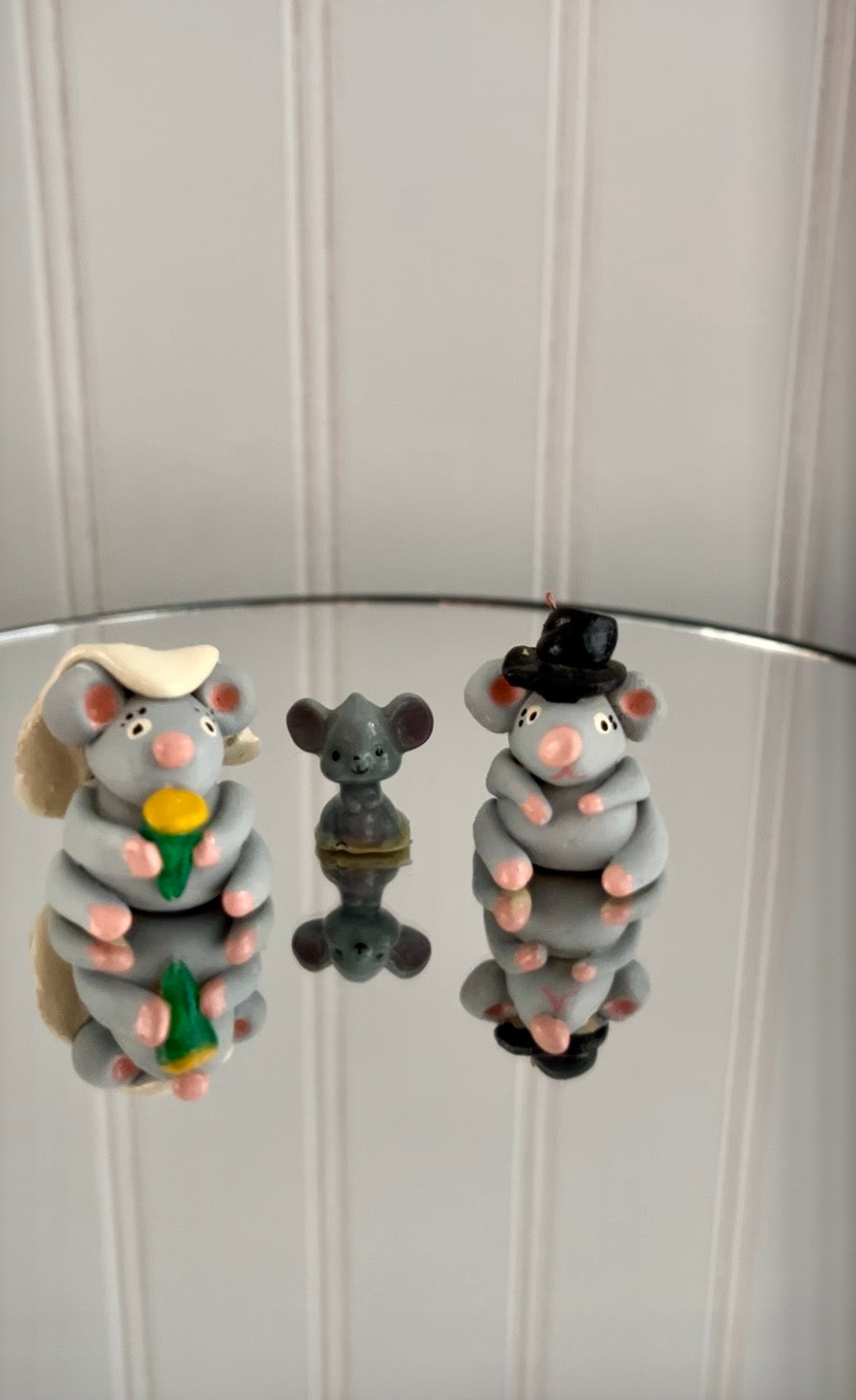 Vintage, circa 1980s Miniature Mouse Family Figurines — Bride & Groom Wedding Mice with Tiny Mouse