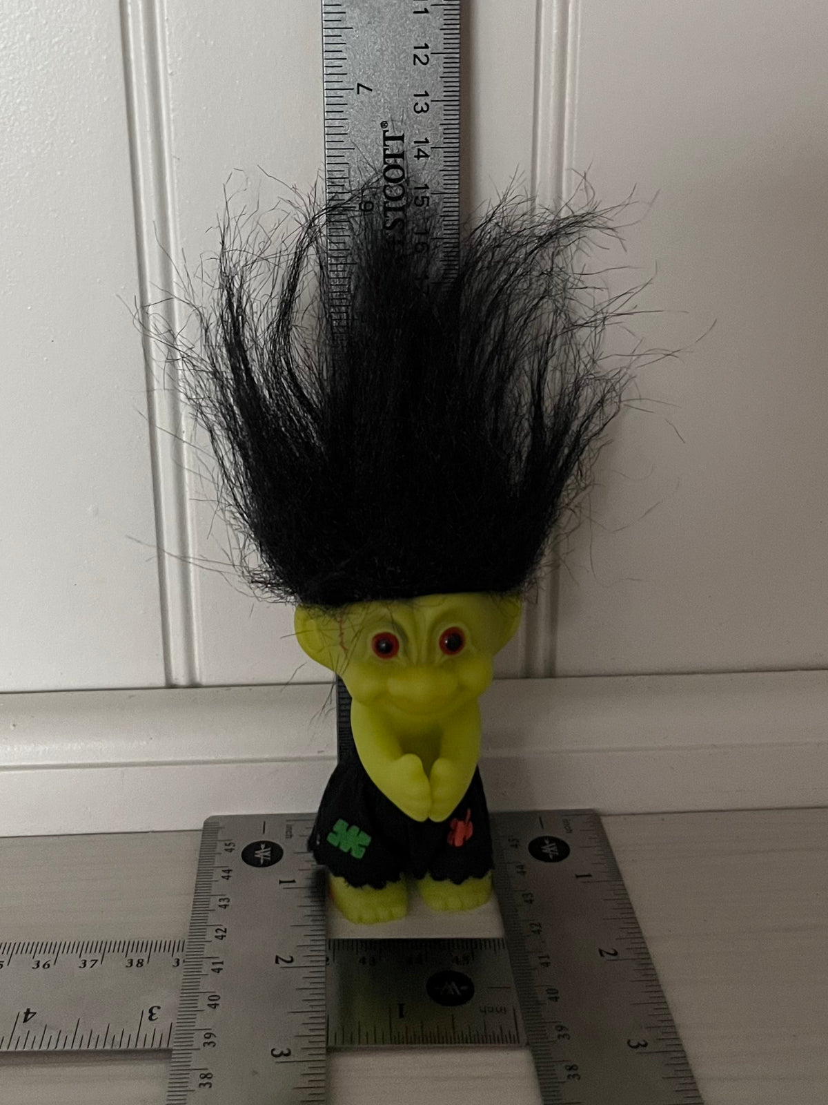 Vintage 1990s Russ Frankenstein Troll Doll | Green Halloween Troll Black Hair | 6”