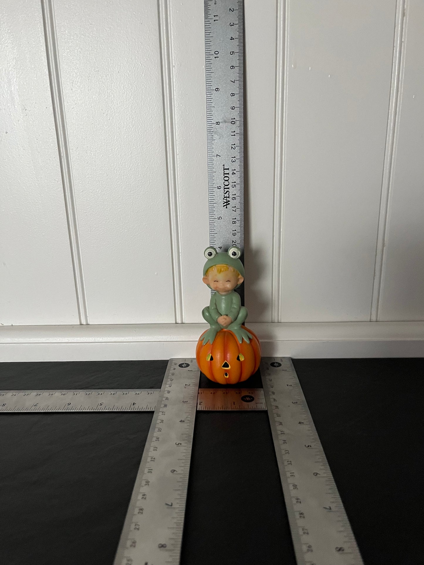 Vintage 1980’s Small Morehead Frog Costume Child on Jack-O’-Lantern Figurine,  Teenie Halloweenies | Curated Shelf & Trinket Display Décor