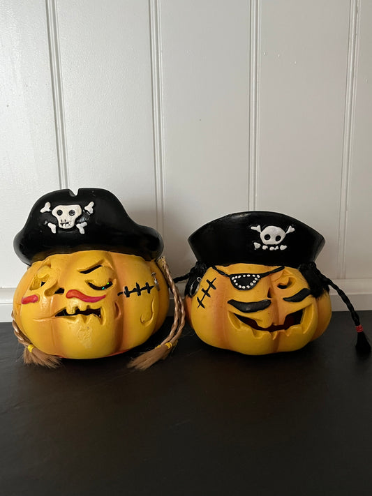 Vintage Light-Up Pirate Pumpkin Pair | Halloween Jack-O’-Lantern Figurines