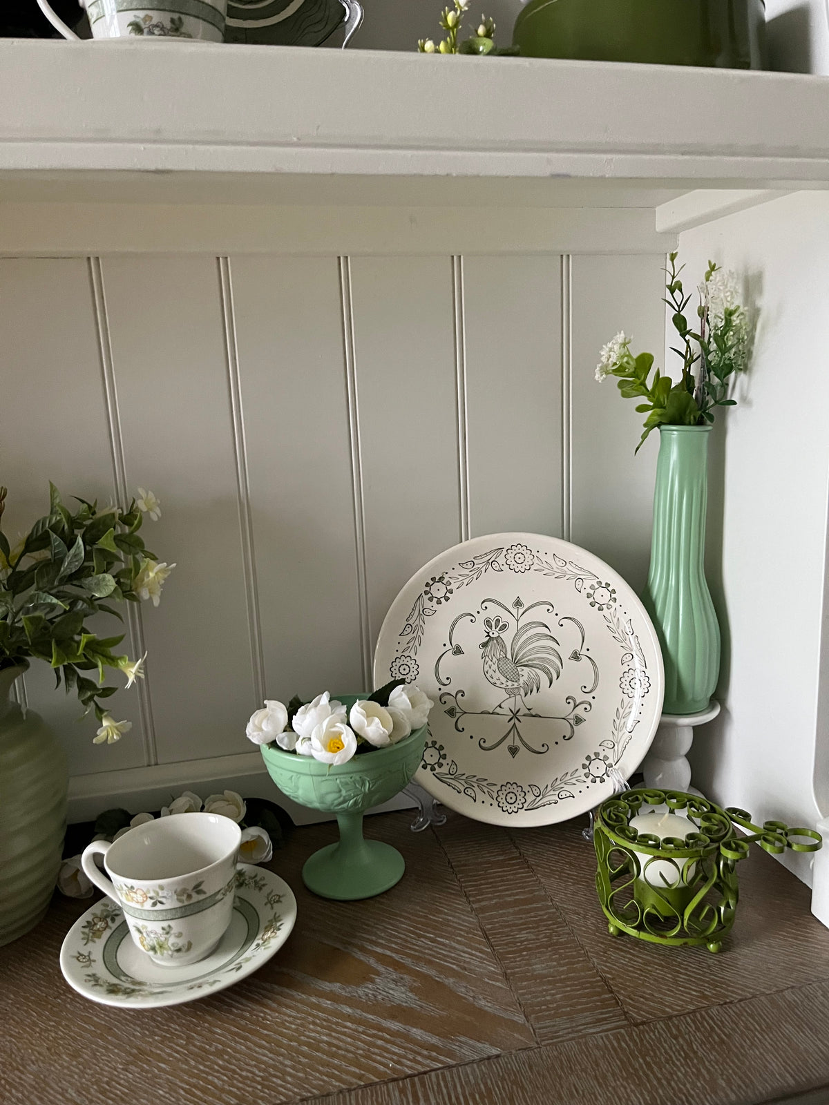 Vintage Painted Celadon Green Glass Cristal D’Arques–Durand Footed Compote | Embossed Fruit & Leaf Pedestal Bowl