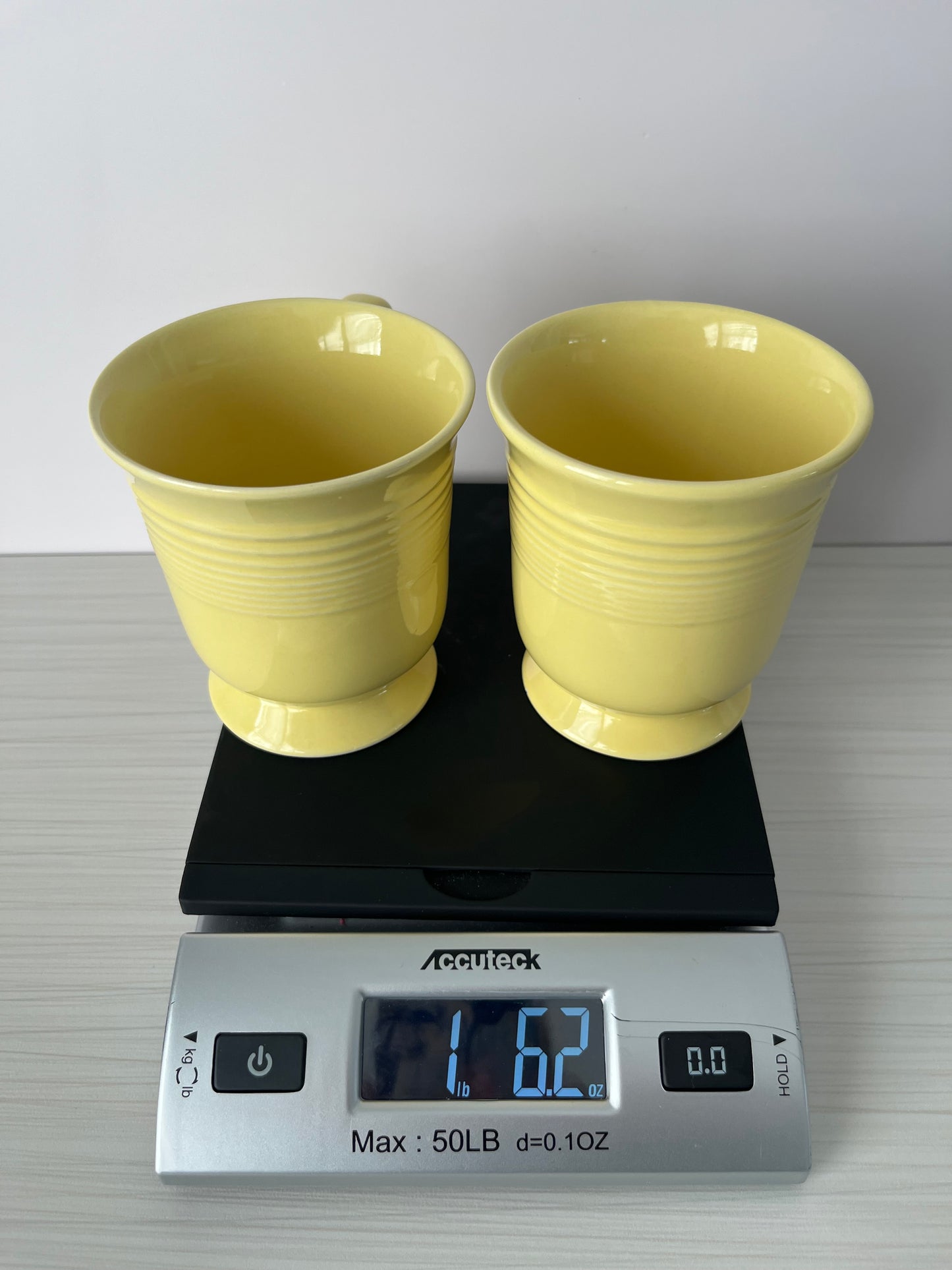 1990s Gibson Everyday Yellow Pedestal Coffee Mugs – Set of 2 Ribbed Footed Stoneware Cups