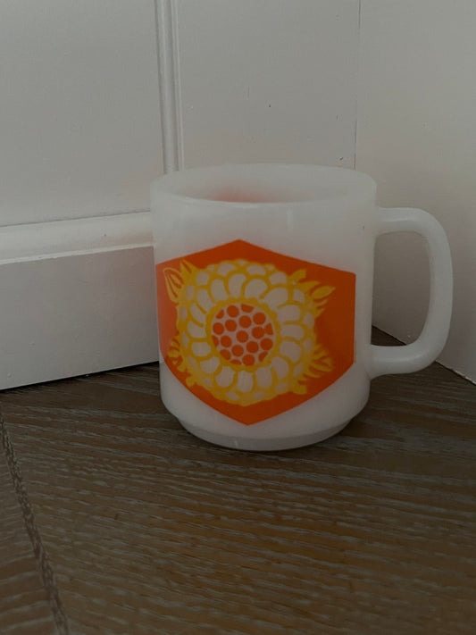 Vintage Fire-King Milk Glass Mug – Orange & Yellow Geometric Flower (c. 1970s, Anchor Hocking USA)
