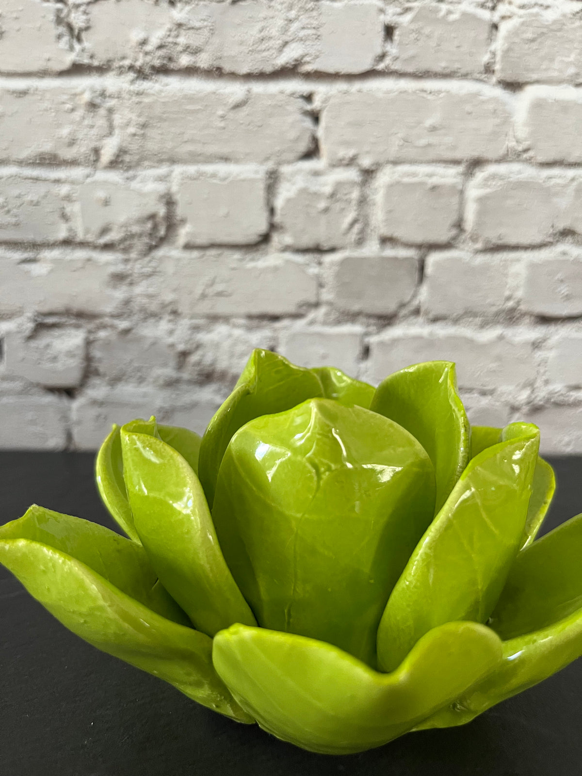 Vintage Style Chartreuse Lime Green Ceramic Lotus Flower Tealight Holder | Sculptural Botanical