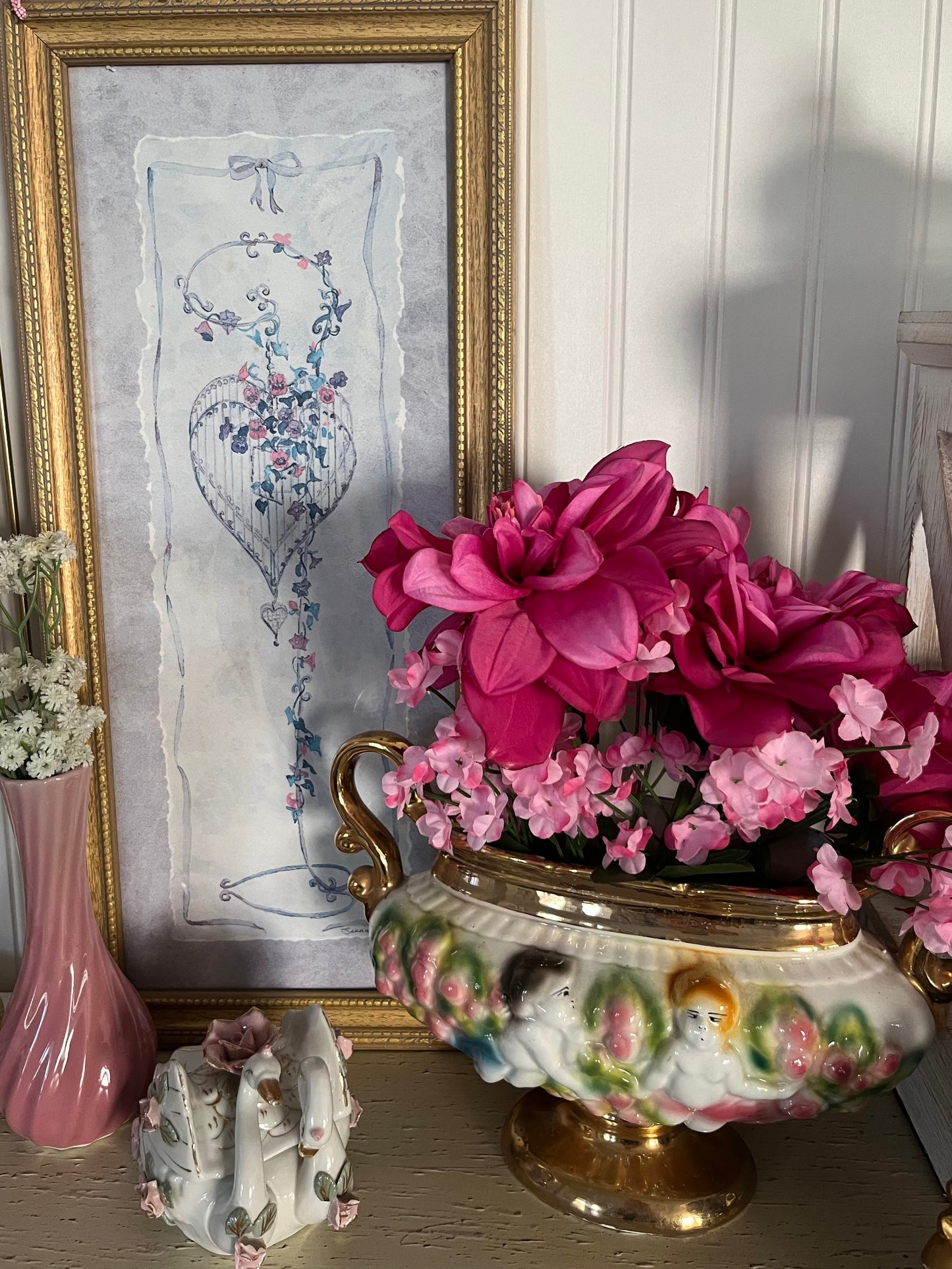 Chinoiserie Chic Vintage Porcelain Double Swan & Pink Rose Trinket Dish with Lid