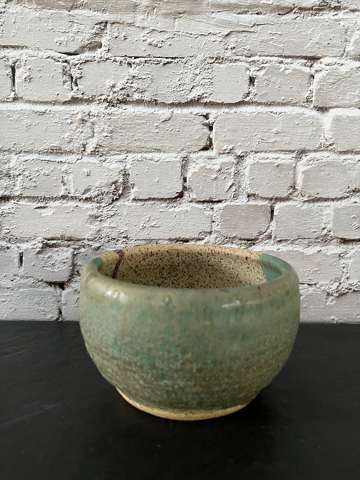 Vintage c1970s Signed Studio Pottery Bowl, Vessel | Green & Speckled Cream Handmade Ceramic