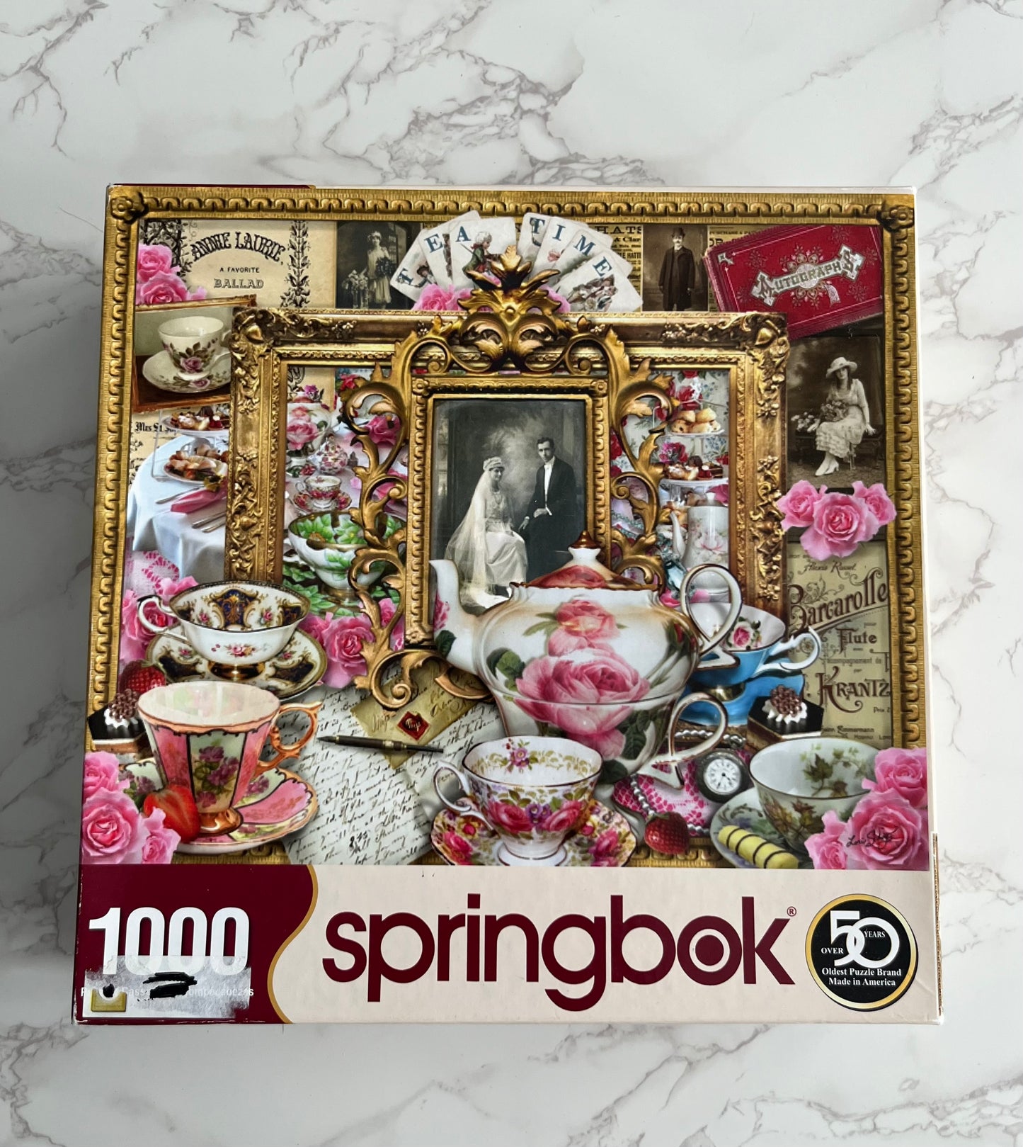 Springbok “Tea for Two” Romantic Rose Tea Set Collage Puzzle — 1000 Piece — Vintage Victorian Style — Made USA — c. 2010s–2020s