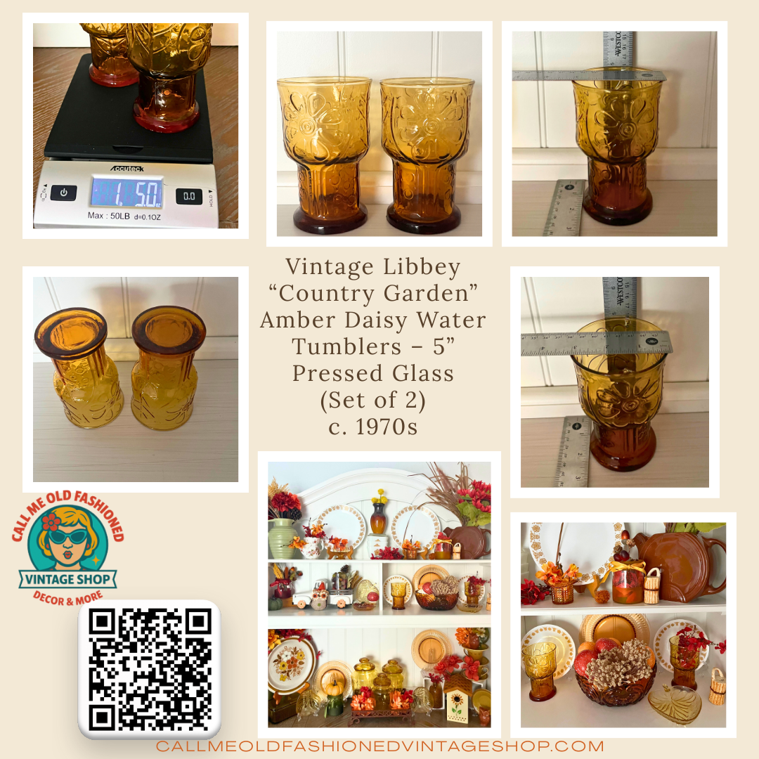 Vintage Libbey “Country Garden” Amber Daisy Water Tumblers – 5” Pressed Glass (Set of 2) | c. 1970s