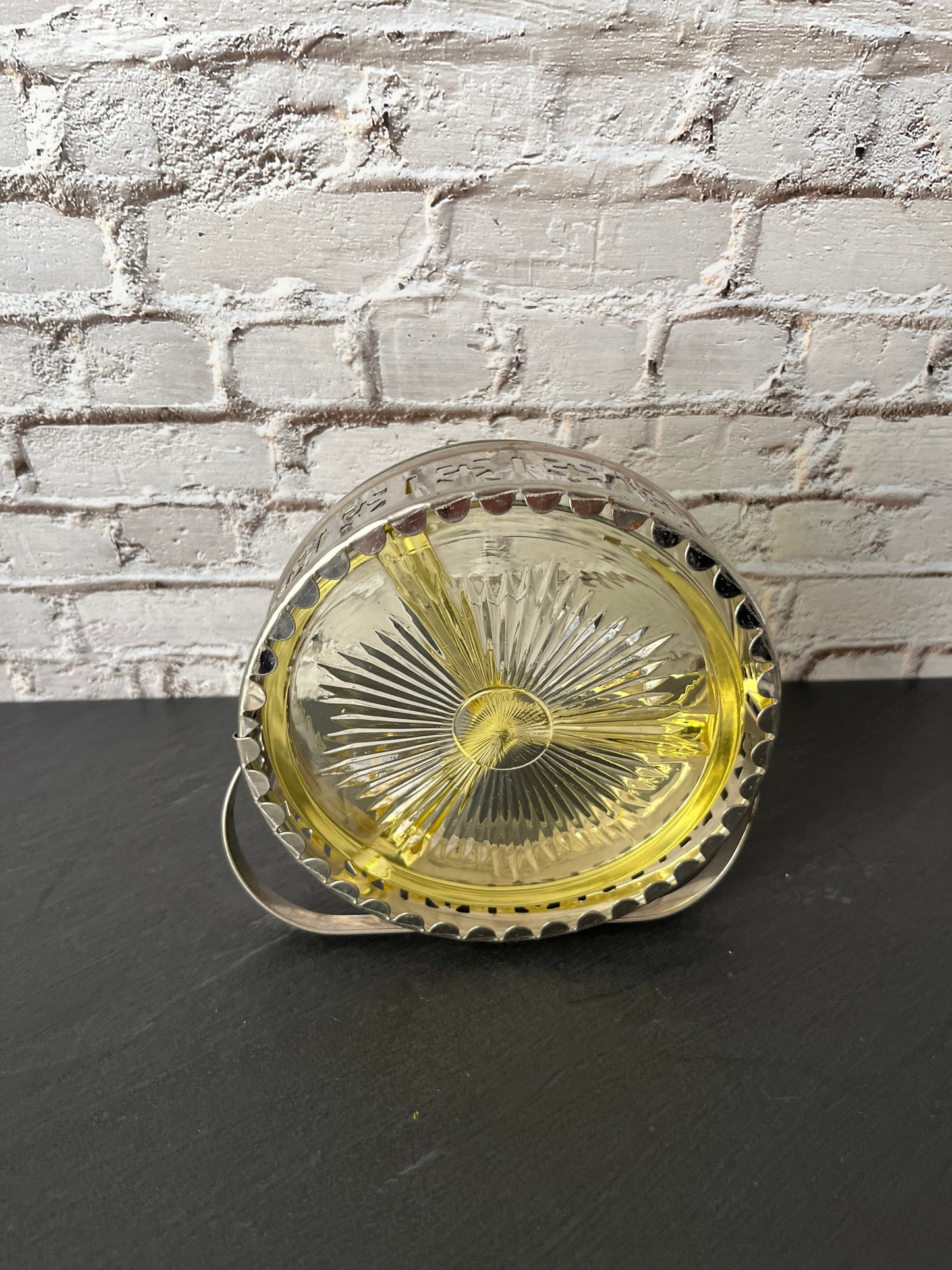 Vintage Yellow Depression Glass Divided Candy Dish with Silver Tone Basket Handle – 3 Section Relish Tray (1950s–1960s)