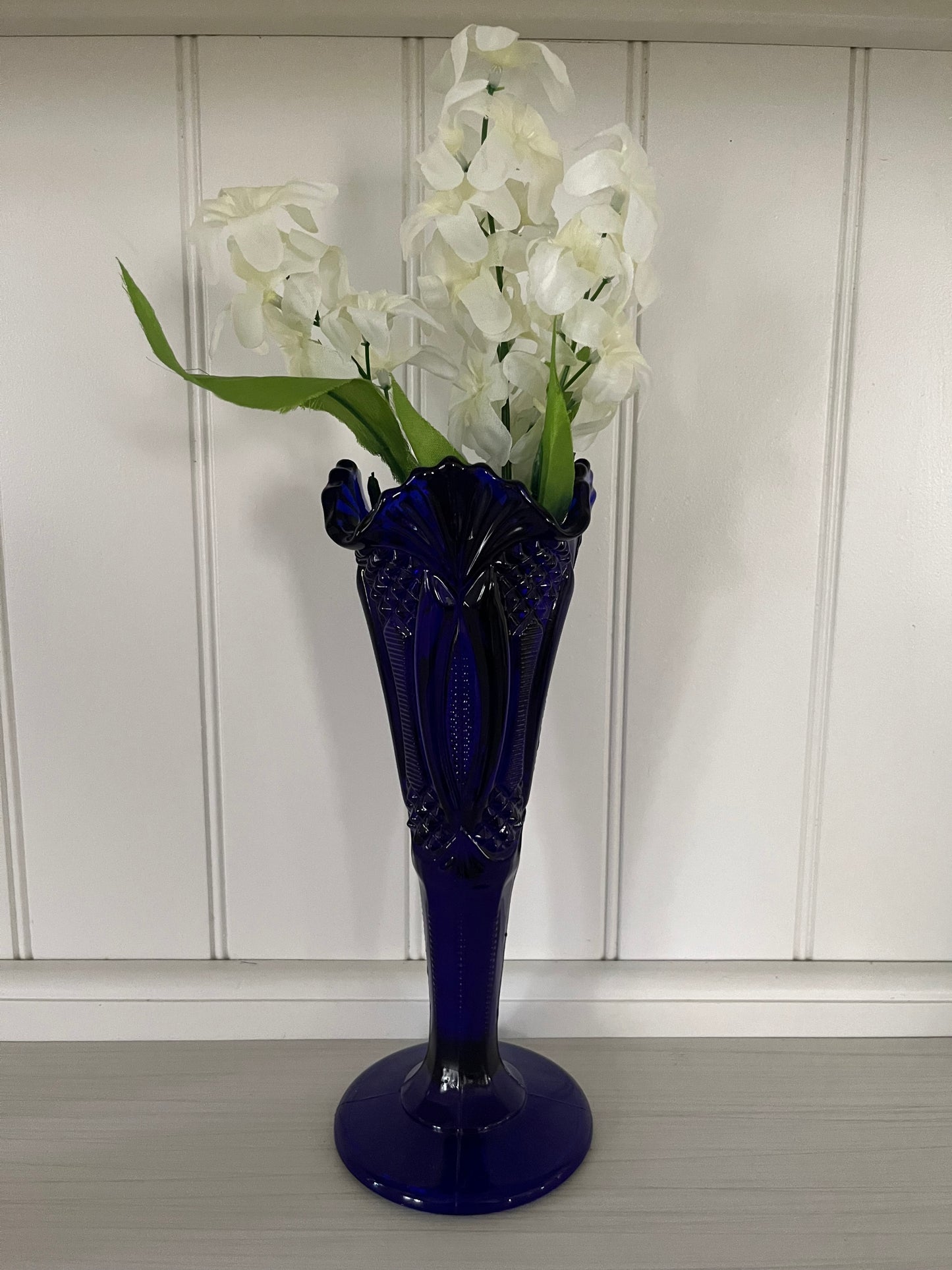 Vintage Cobalt Pressed Glass “Princess Feather” Pedestal Vase — L.E. Smith for Tiara Exclusives, c. 1970s–1980s