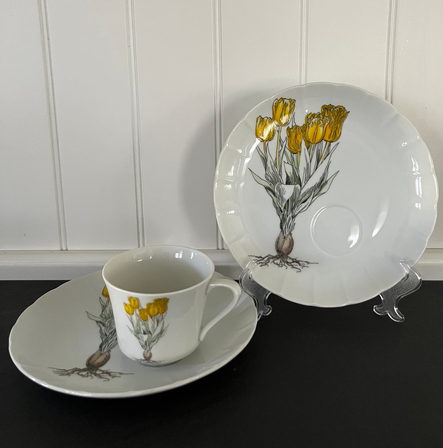 2 Vintage Yellow  Snack Plate & 1 Tea Cup Set Tulip by SEYMOUR MANN Botanical Modern Fine China
