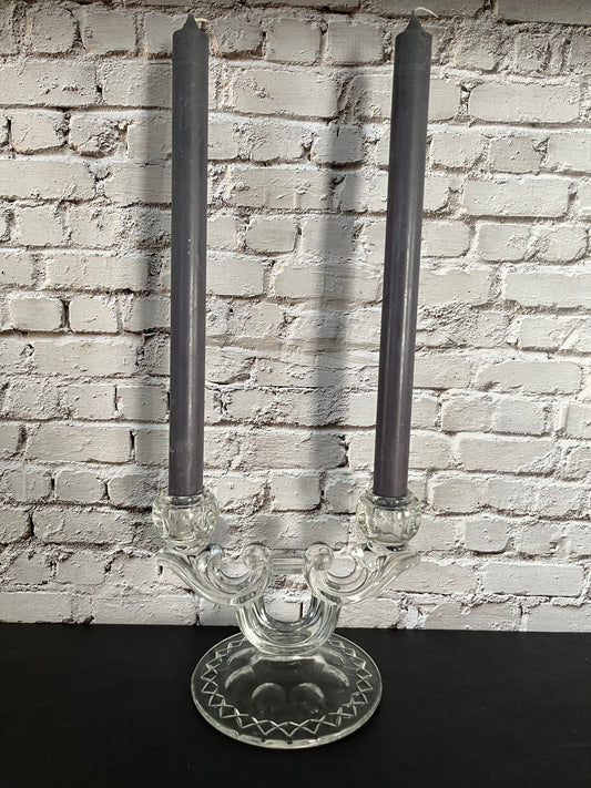 Set of 2 1930s Fostoria “American” Pattern   Double Arm Candelabra – Depression Era Pressed Glass