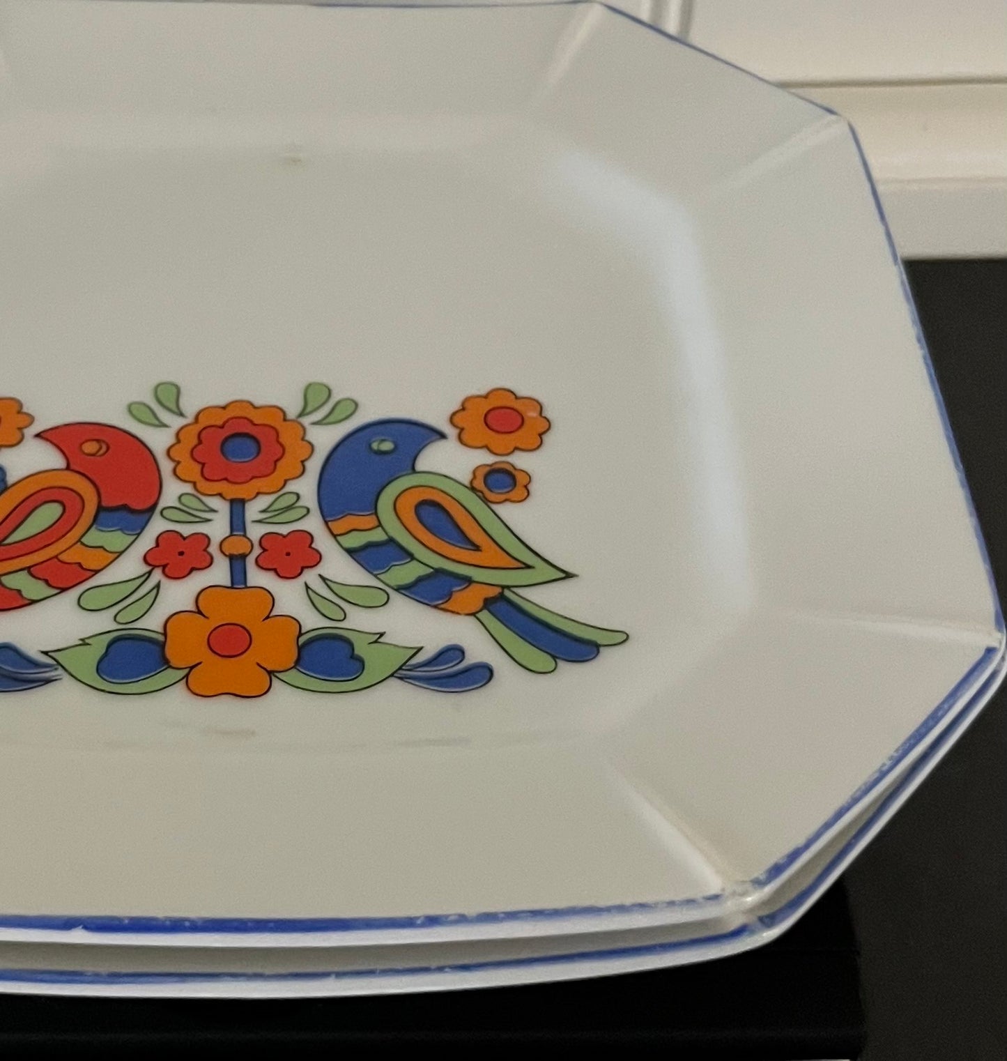 Vintage 1970s Japanese Folk Art Bird Dessert Plates | Floral Octagonal Set of 2
