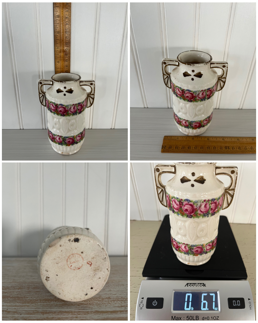 Early modern 1920’s  Vintage Art Nouveau/Art Deco Czechoslovakian Rose Floral Hand Painted Double Handle Porcelain Vase