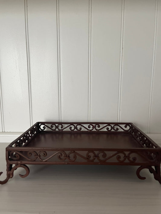 Vintage 1970s Brown Metal Scrollwork Display Tray Riser | Rustic Fall Harvest Decor