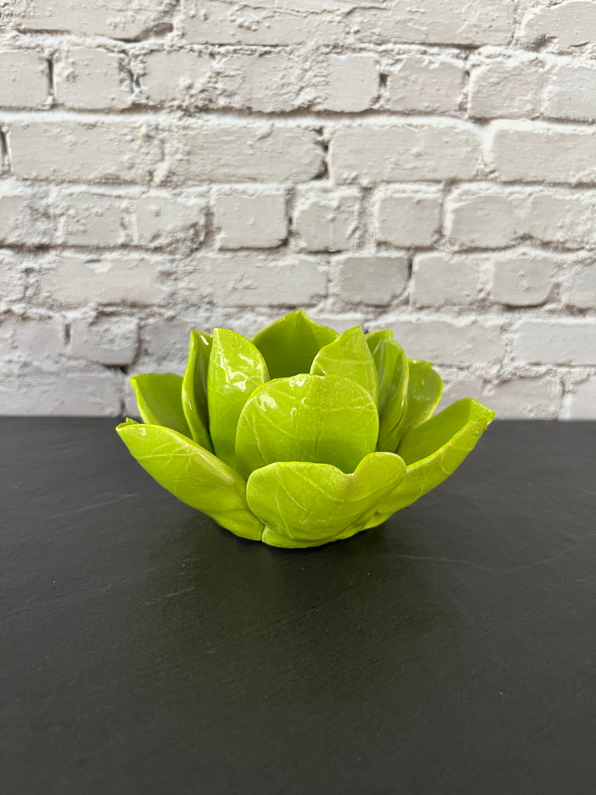 Vintage Style Chartreuse Lime Green Ceramic Lotus Flower Tealight Holder | Sculptural Botanical