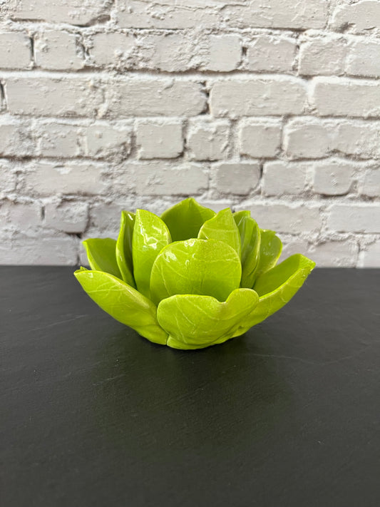 Vintage Style Chartreuse Lime Green Ceramic Lotus Flower Tealight Holder | Sculptural Botanical