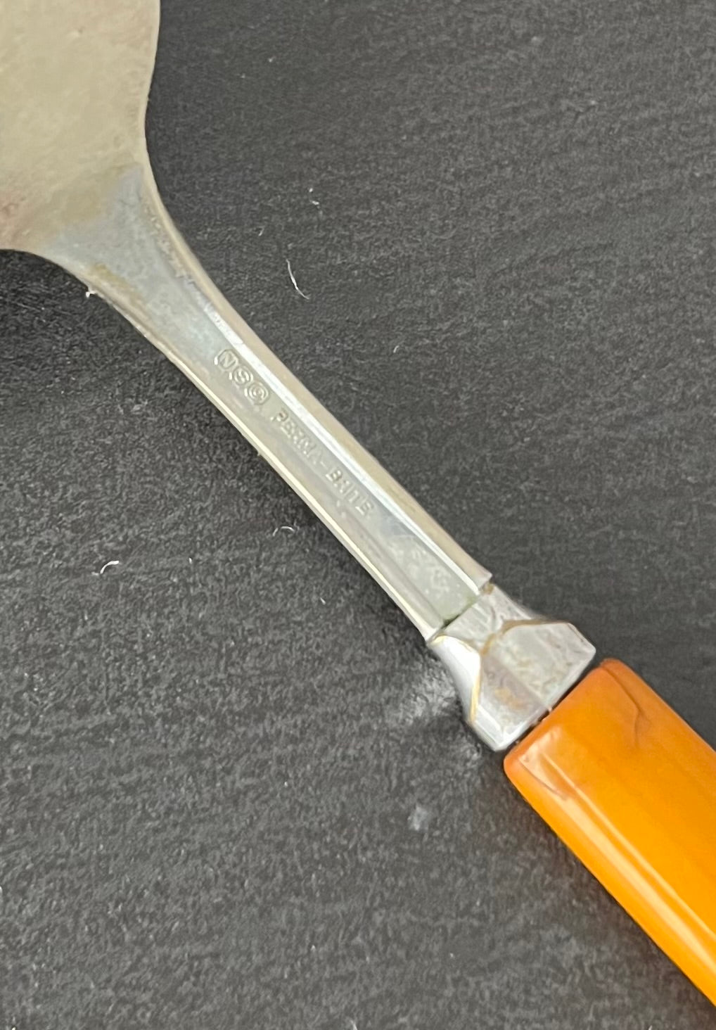 Vintage 1940’s Art Decom Butterscotch Bakelite Handle Single Spoon – NSC Perm Brite Royal Stainless Flatware