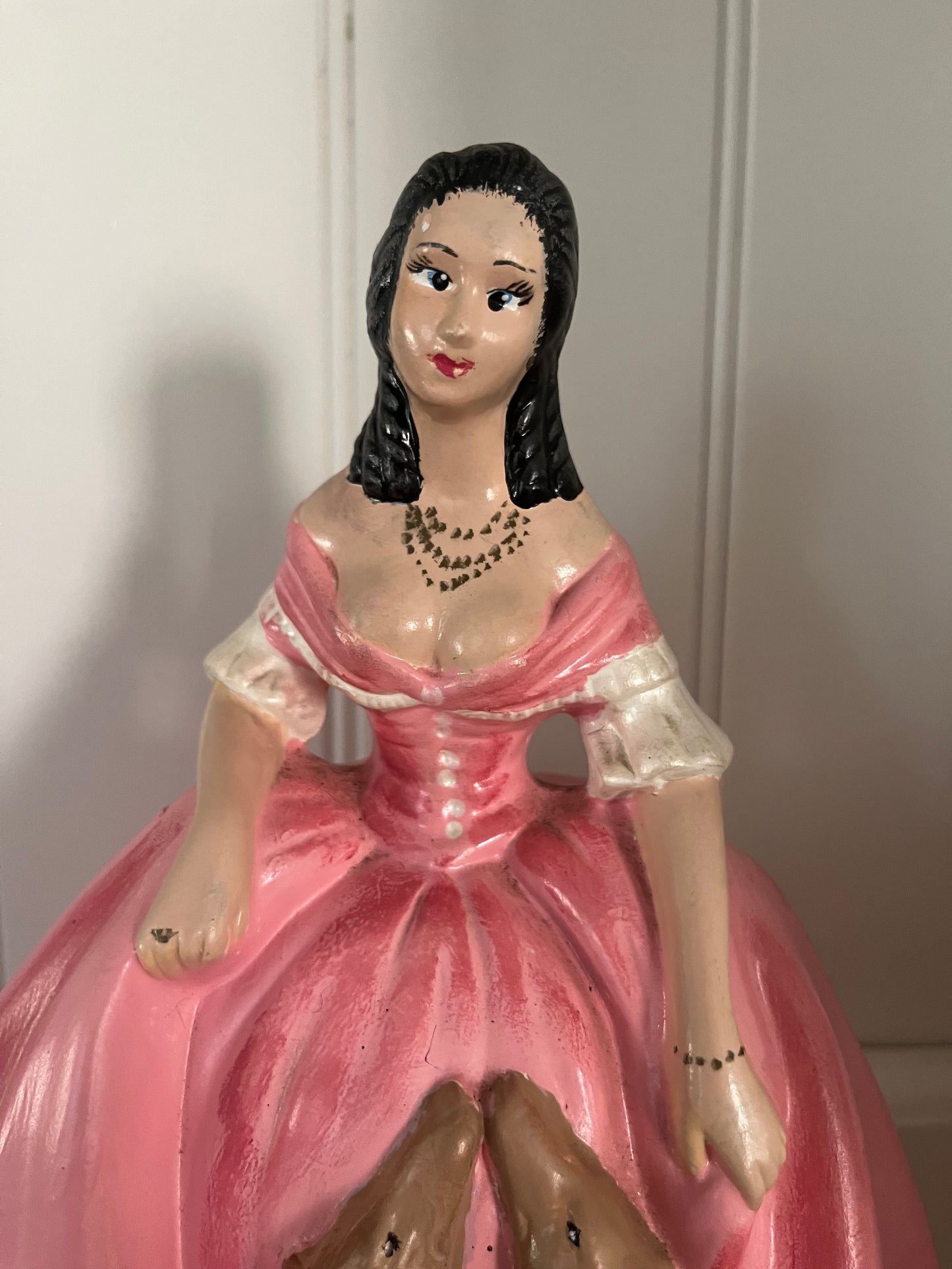 Mid-Century Quirky Chalkware Regency Lady with Dogs Figurine (1950s–1960s) | Dramatic, Romantic, and Delightfully Extra
