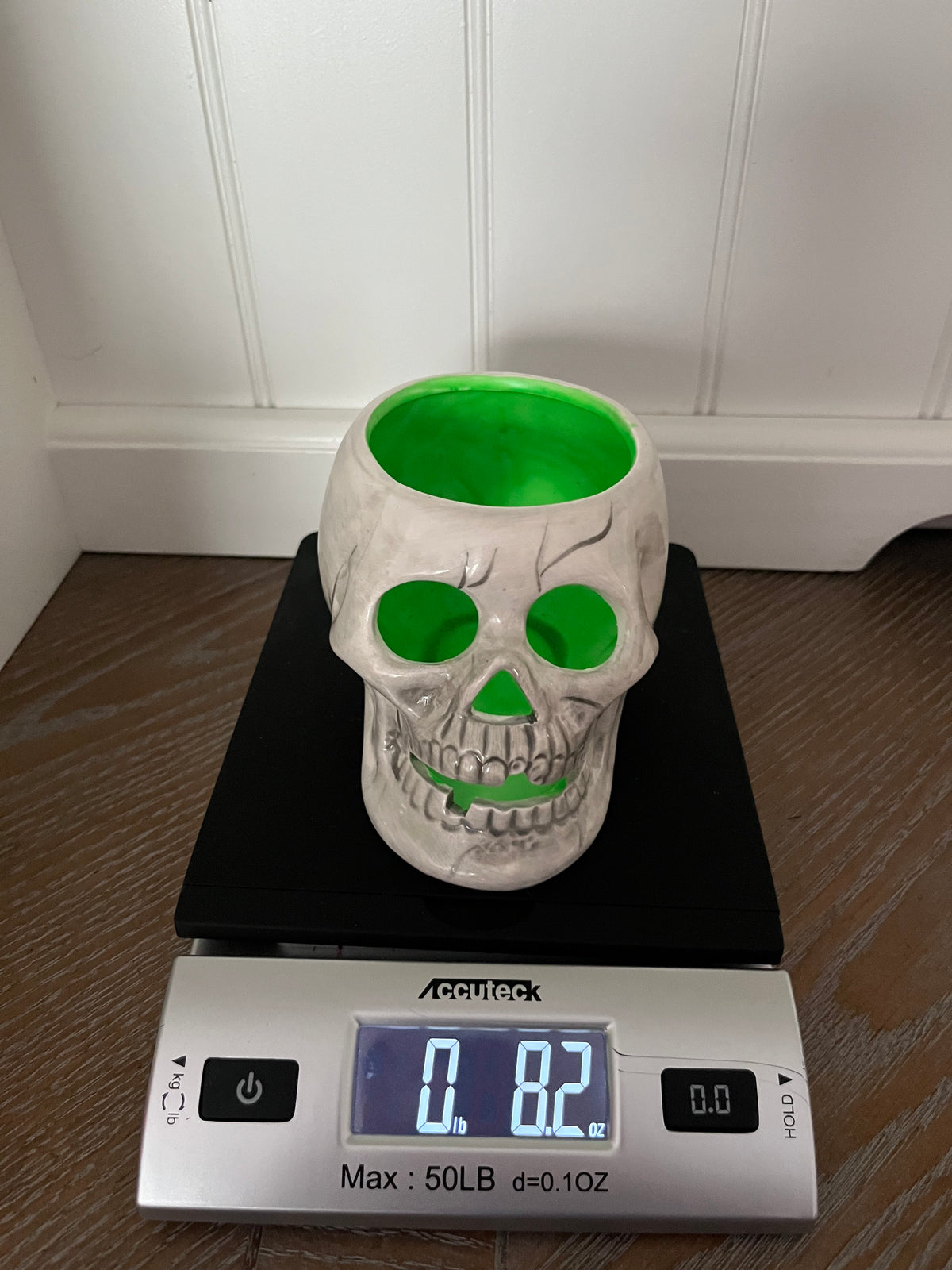 Retro Skull Candle Tea-Light Holder | Ceramic Halloween Candle Holder/Planter/Decor | Green Interior