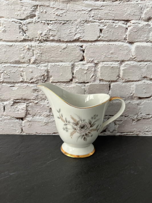 Vintage 1950s Arlen Fine China “Tivoli” Creamer – Made in Japan – Gray Rose & Gold Rim Pedestal Cream Pitcher