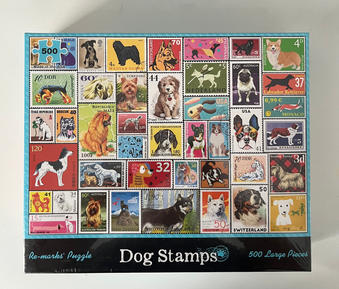 Sealed 2010s Re-marks “Dog Stamps” 500 Large Piece Puzzle — USA Made Postal Ephemera Dog Breed Collage Puzzle