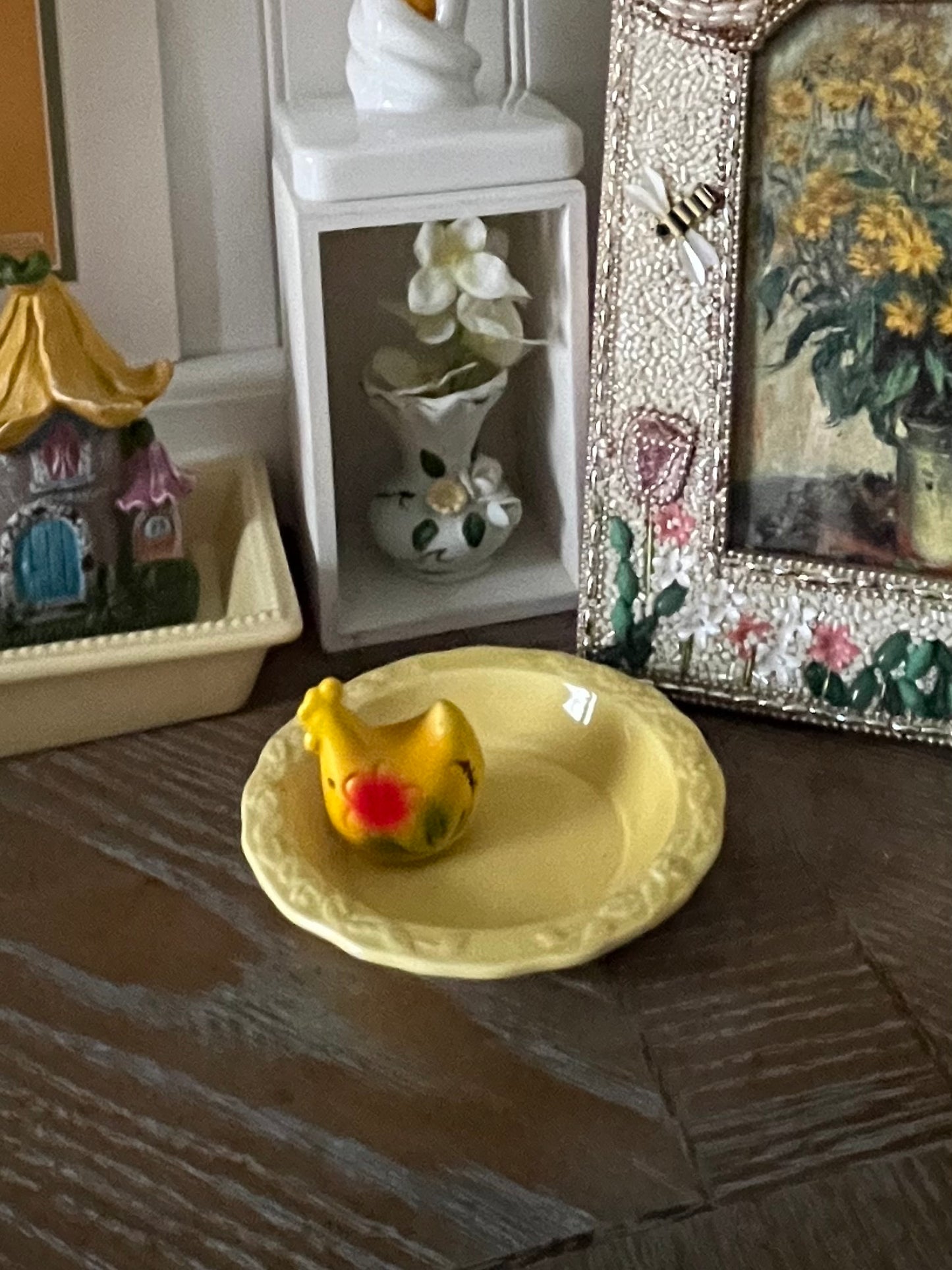 Vintage Yellow Ceramic Trinket Dish Embossed Rim Cottage Farmhouse Ring Dish 1960s