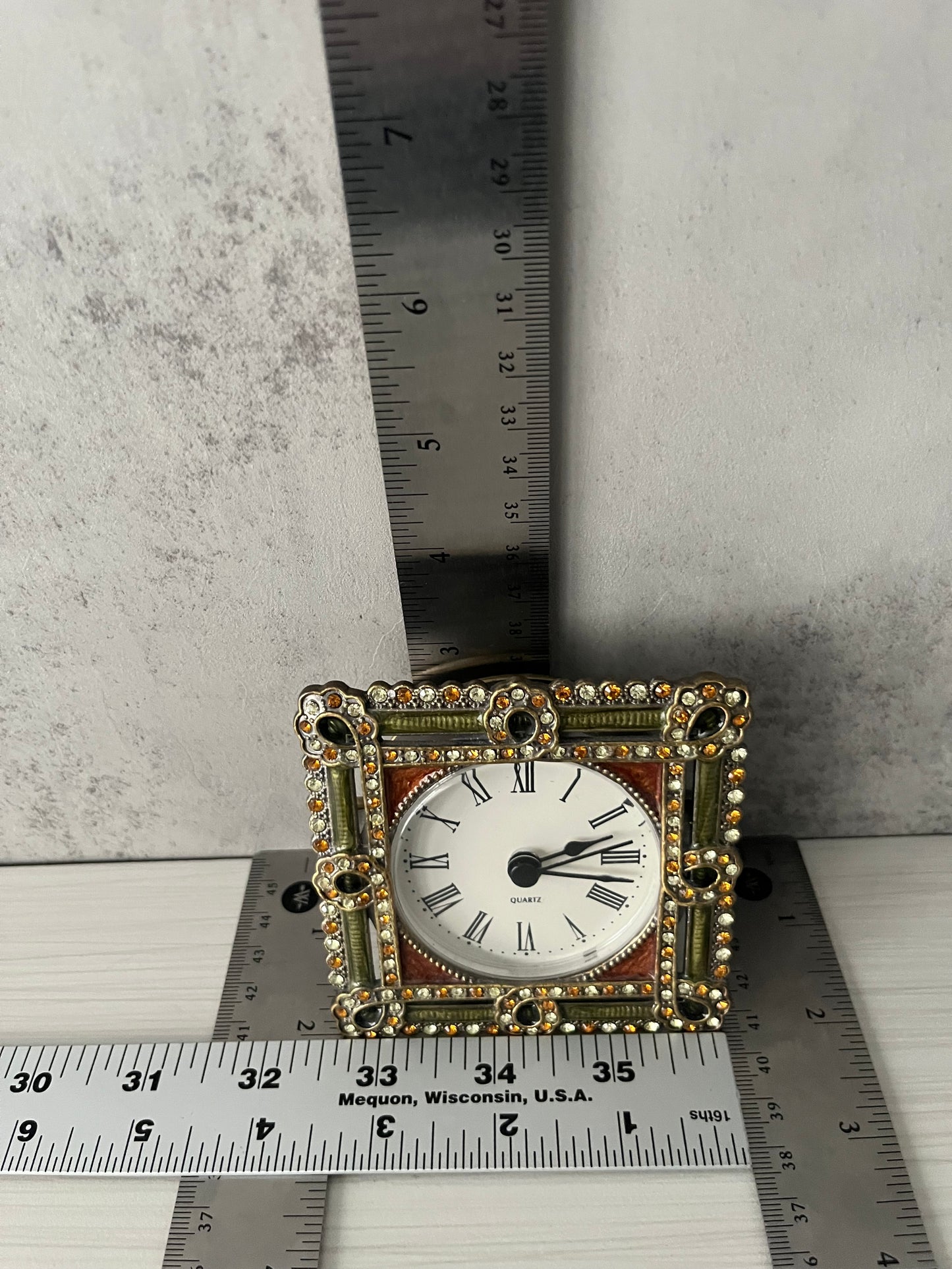 1990s Vintage Art Deco Style Jeweled Vanity Clock – Ornate Rhinestone Desk / Table Clock with Roman Numerals