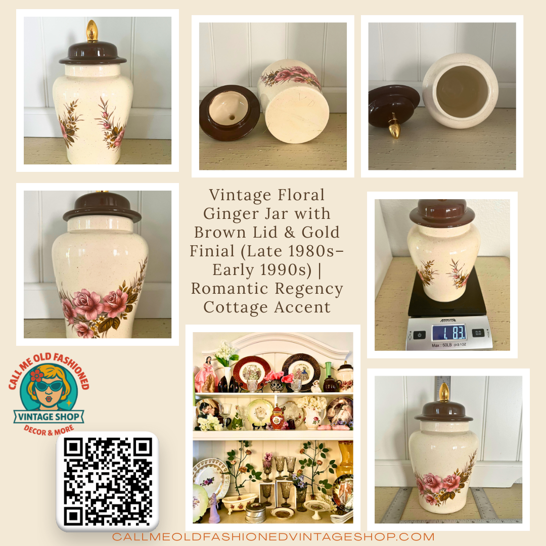 Vintage Floral Ginger Jar with Brown Lid & Gold Finial (Late 1980s–Early 1990s) | Romantic Regency Cottage Accent