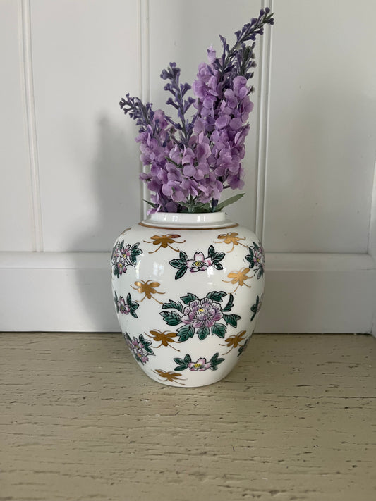 Vintage 1980’s Violet Floral Gilded Butterfly Accents Chinese Jingdezhen Style Porcelain Ginger Jar Asian No Lid