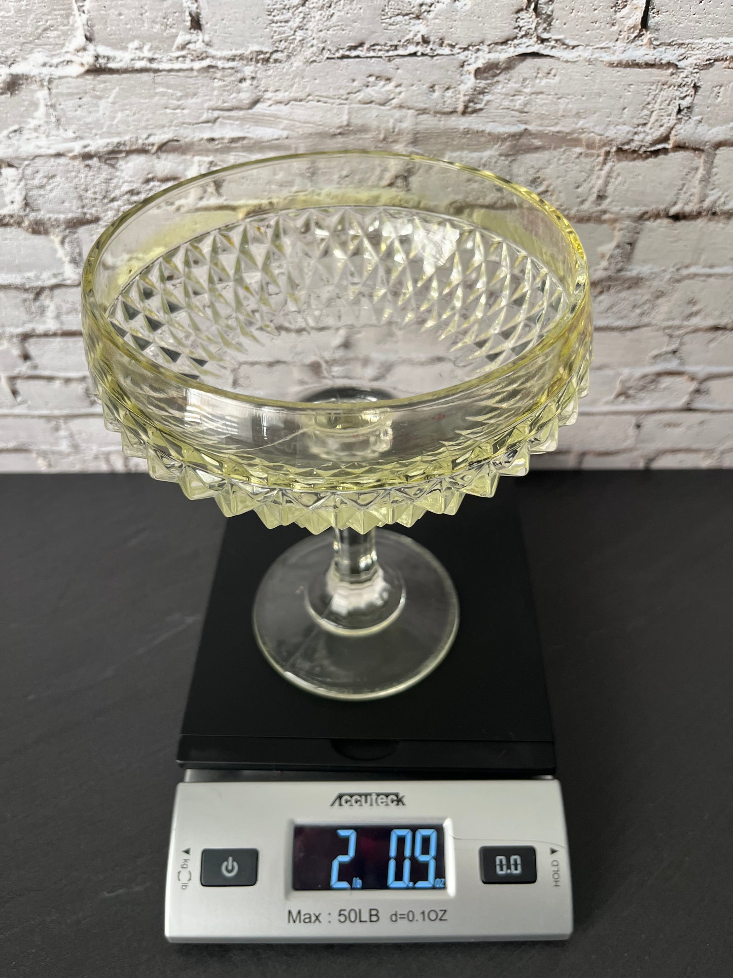 Vintage Indiana Glass Diamond Pattern Pedestal Compote Bowl – Yellow Tint Pressed Glass Dessert Dish (1960s–1970s)