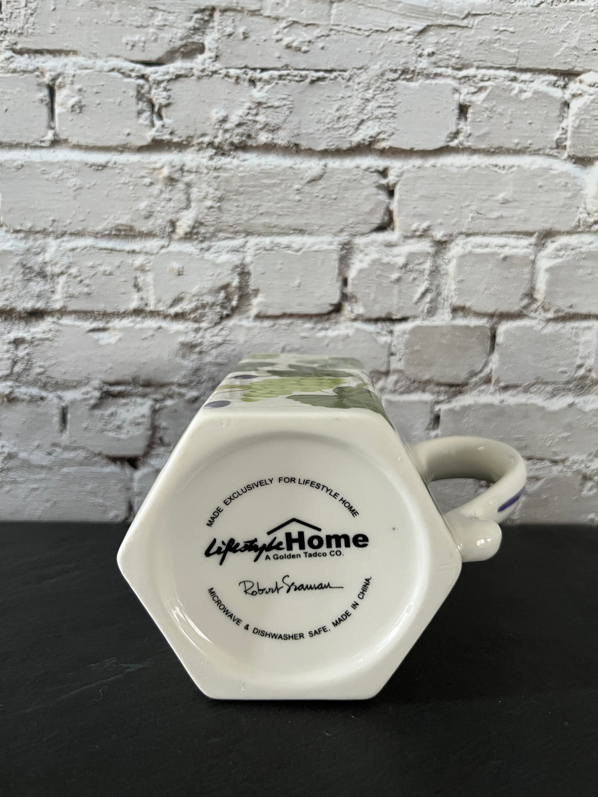 Vintage c.1990’s Lifestyle Home Grape & Ivy Vine Ceramic Mug – Green Botanical Square Coffee Cup – Robert Design