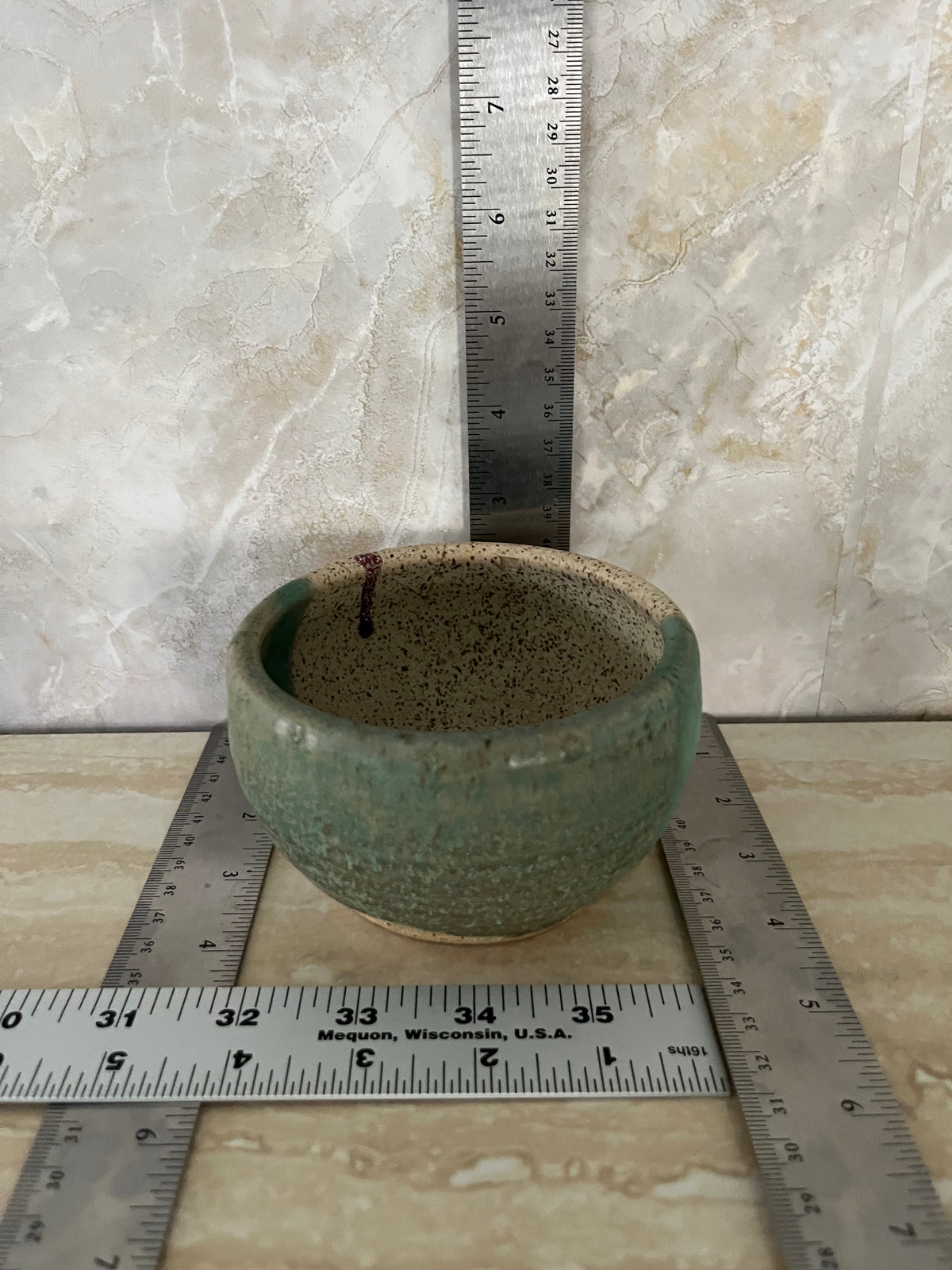 Vintage c1970s Signed Studio Pottery Bowl, Vessel | Green & Speckled Cream Handmade Ceramic