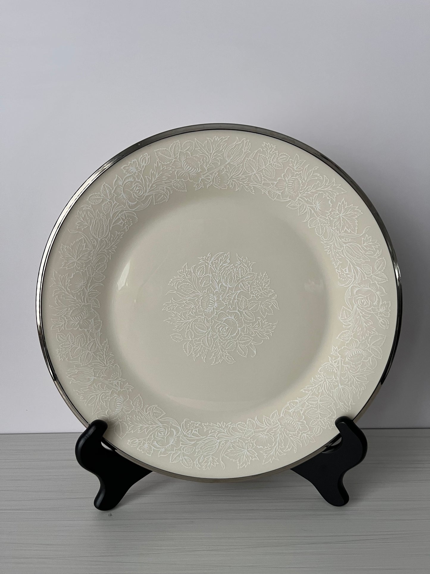 Vintage 1970’s Lenox “Cenova Valera” 10” Dinner Plate – Ivory China with Platinum Rim & White Floral Etching – Mid-Century American Fine China
