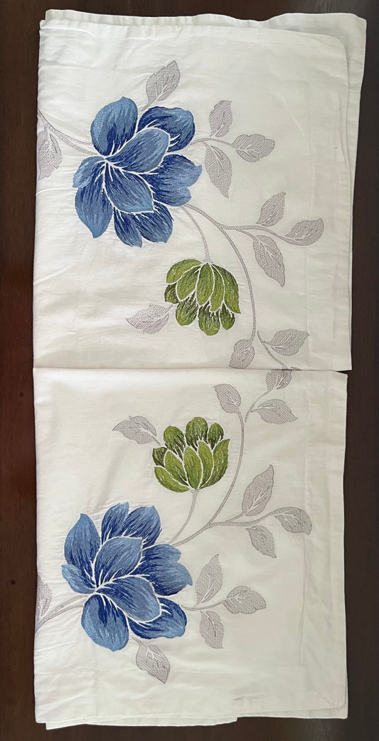 Vintage Style Cynthia Crowley embroidered Blue Green & White king cotton PillowCase Shams