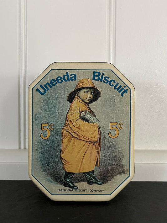 Vintage 1980s reproduction Uneeda Biscuit Tin Canister | Bristol Ware Nabisco Raincoat Boy Storage Tin | Cottagecore Kitchen Advertising Decor