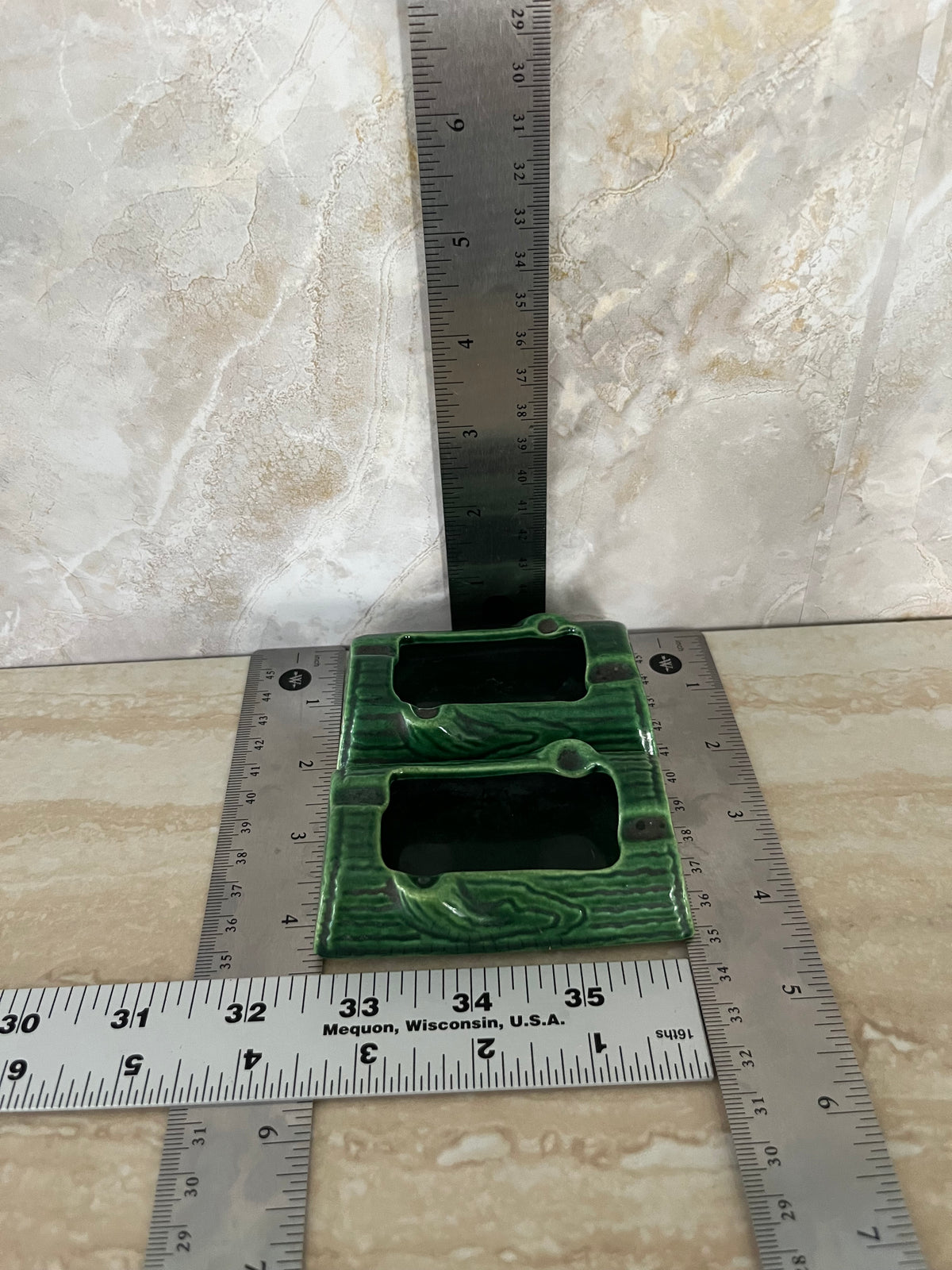 Pair of 1950s Treasure Craft Green Ceramic Log Ashtrays – Forest Woodgrain Glaze Set of 2