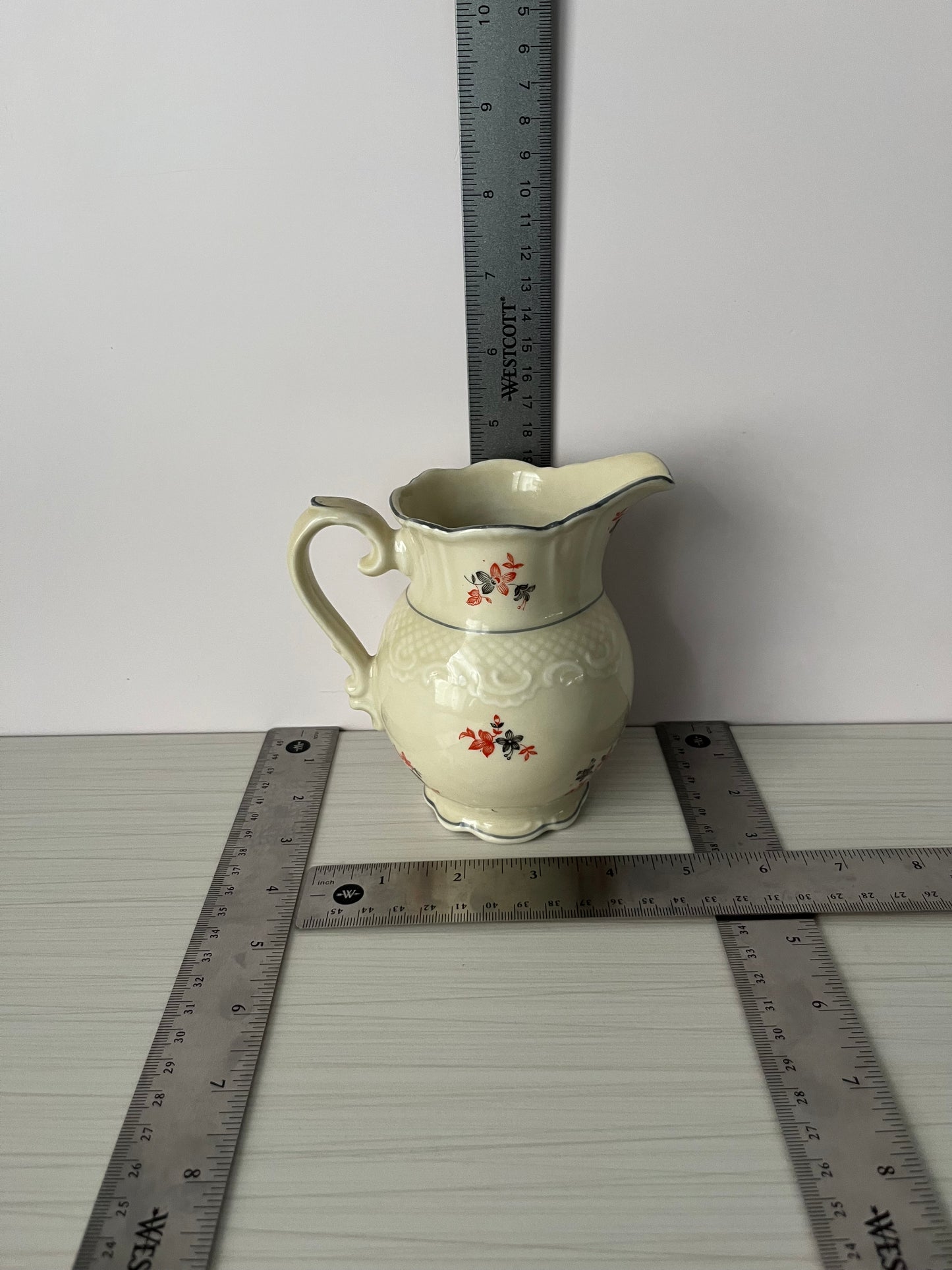Vintage 1940s–1950s Cream Ceramic Floral Pitcher – Red & Black Wildflower Sprig Pattern – Cottage Farmhouse Style Milk Pitcher