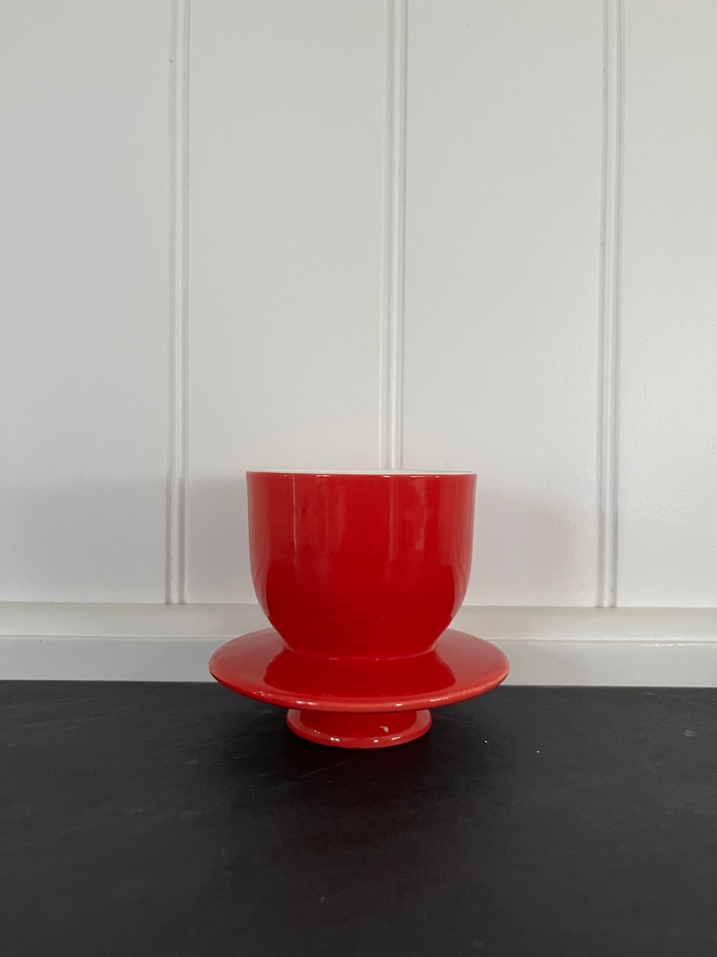 Retro  1970s Red  Pedestal Butter Crock Vessel  Scandinavian Folk Style Ceramic Bowl, No Lid