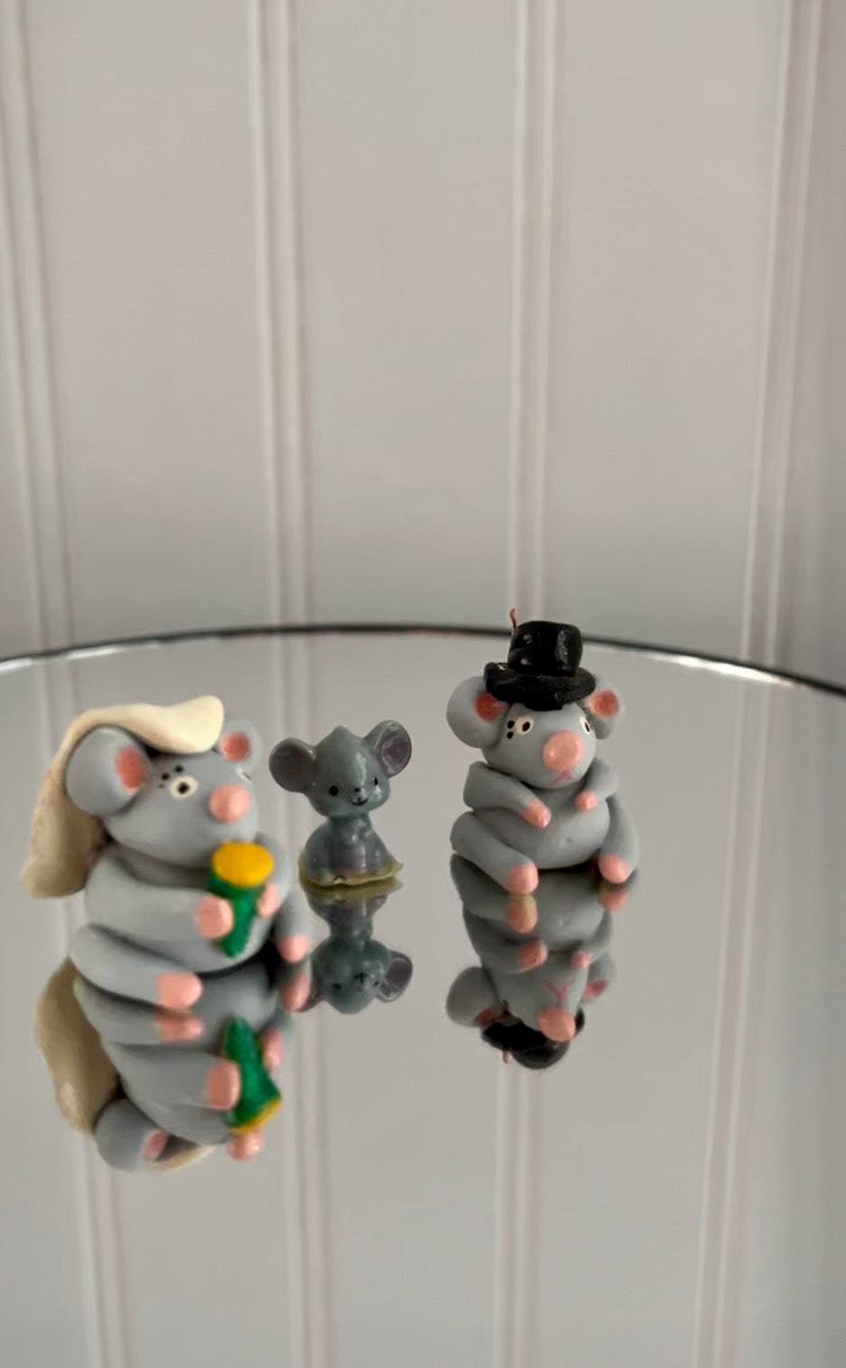 Vintage, circa 1980s Miniature Mouse Family Figurines — Bride & Groom Wedding Mice with Tiny Mouse