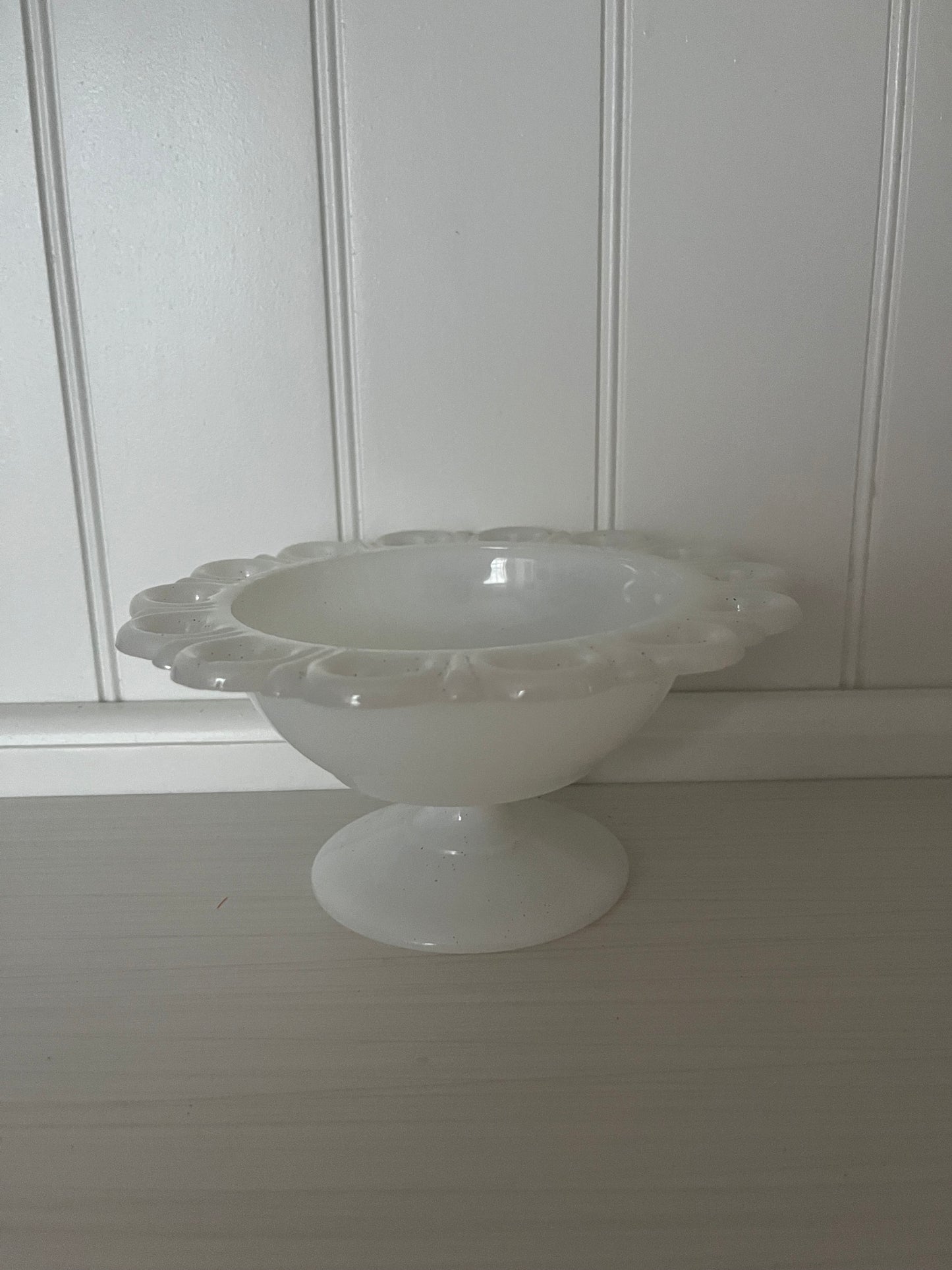 Vintage Milk Glass “Open Edge” Pedestal Ribbon Compote Bowl —  Anchor Hocking Era, c. 1950s