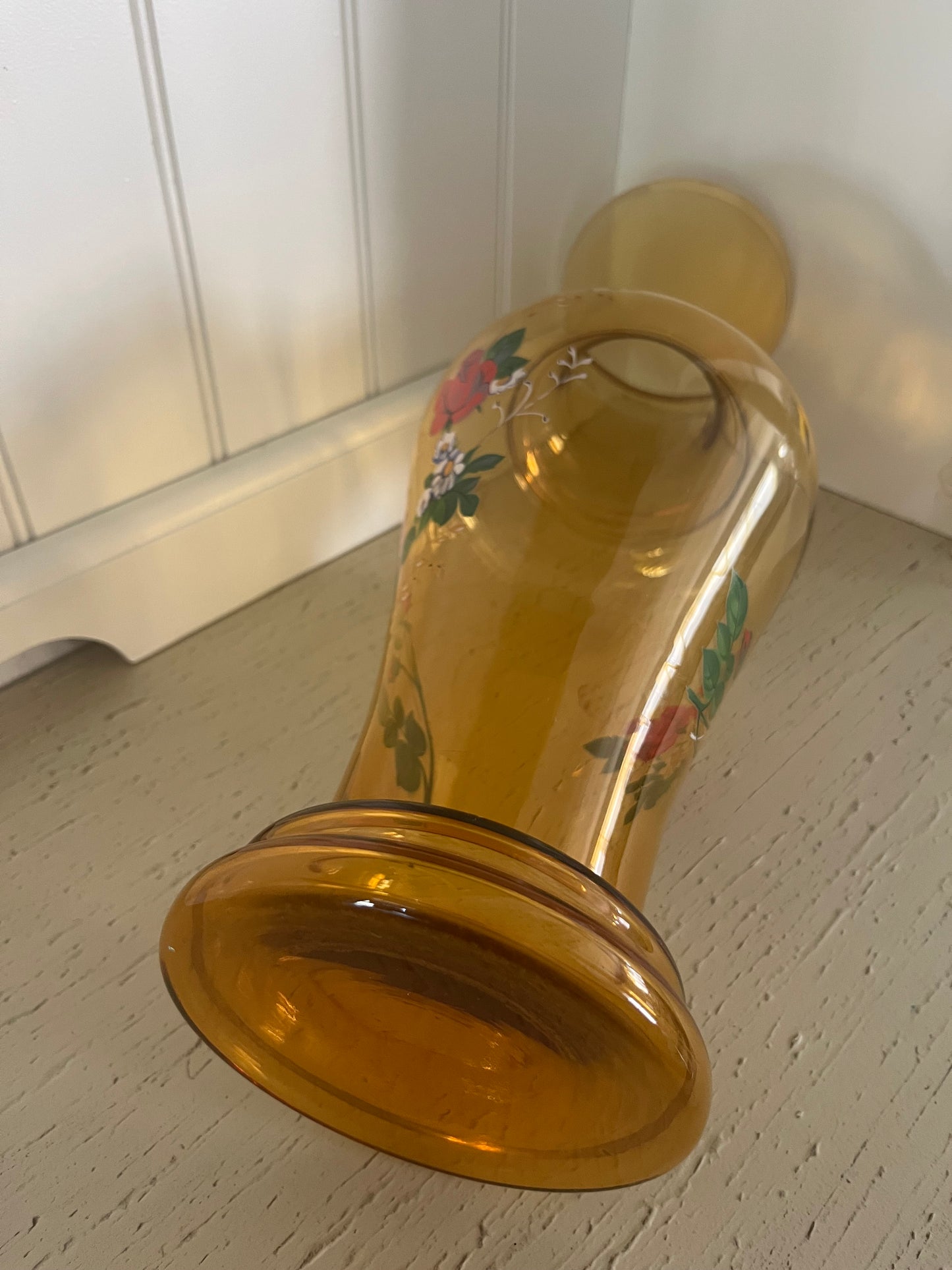 Vintage Amber Hand Blown Glass Tall Floor Vase with Hand-Painted Floral Motif & Gold Rim Accents c. 1960s