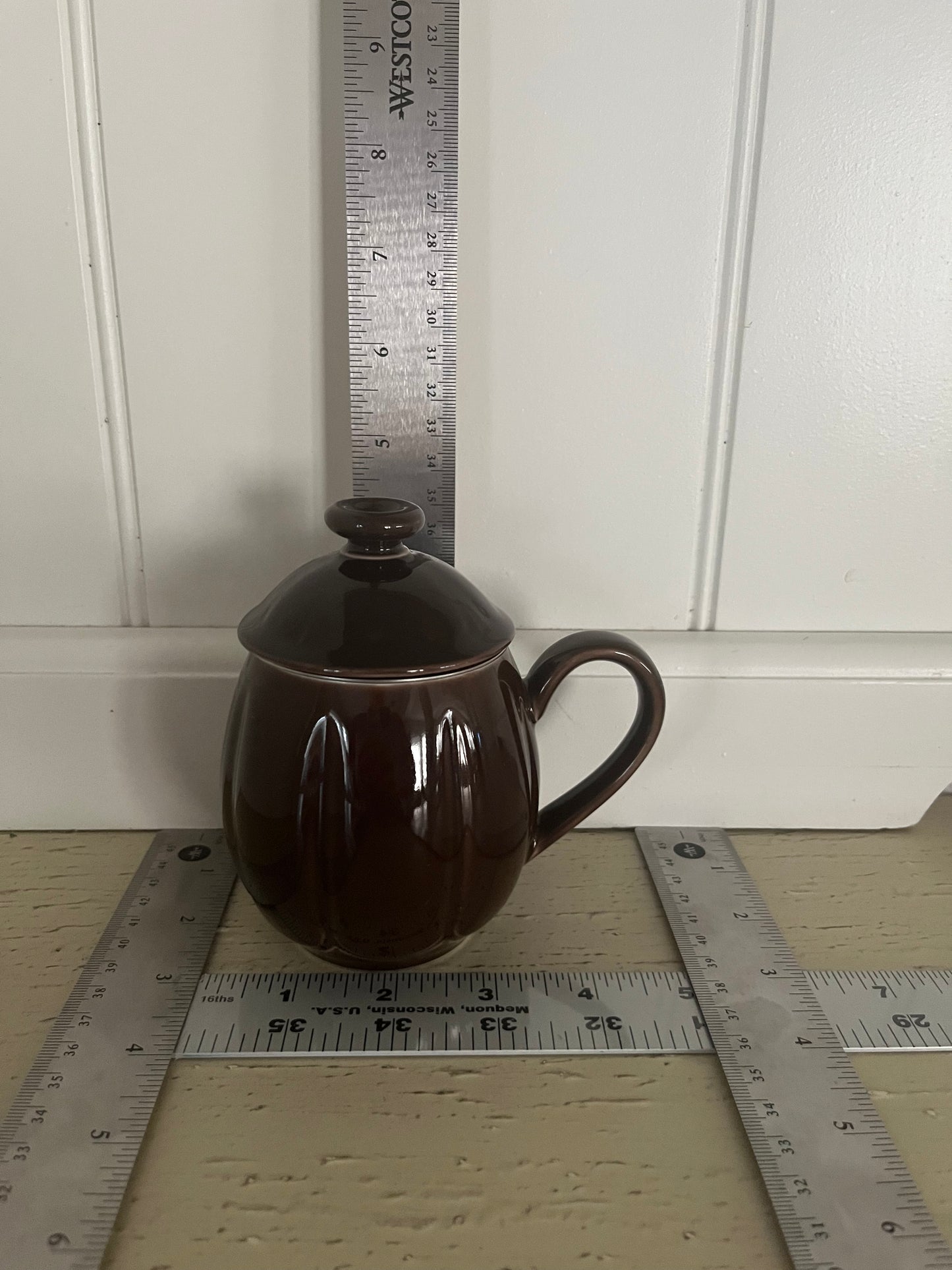 2 Teavana Lidded Porcelain Tea Mugs with One Infuser – Espresso Brown (2000s)