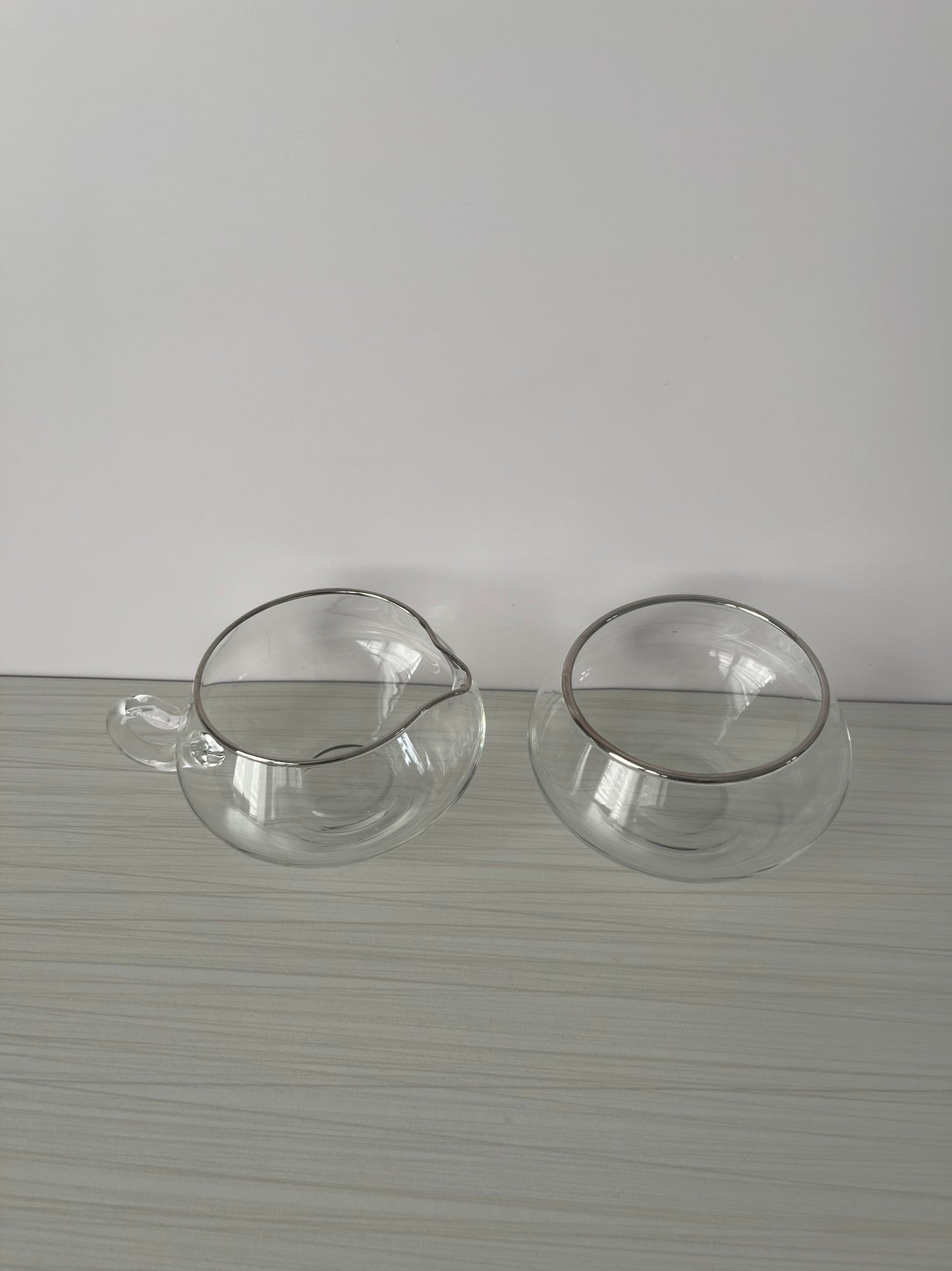Vintage 1970s Stackable Clear Glass Creamer & Open Sugar Bowl Set with Silver Rim – Mid Century Modern Coffee Bar Serveware