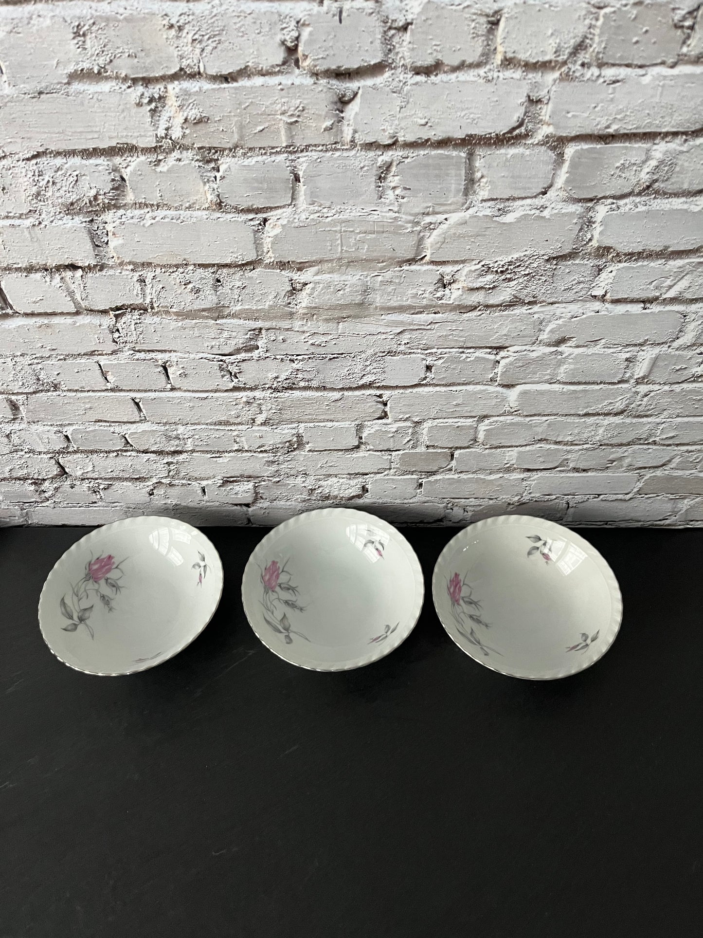 Vintage 1960s Bohemia Ceramic “Theresa” 5” Berry Bowls – Pink Rose Floral – Made in Czechoslovakia – Set of 3