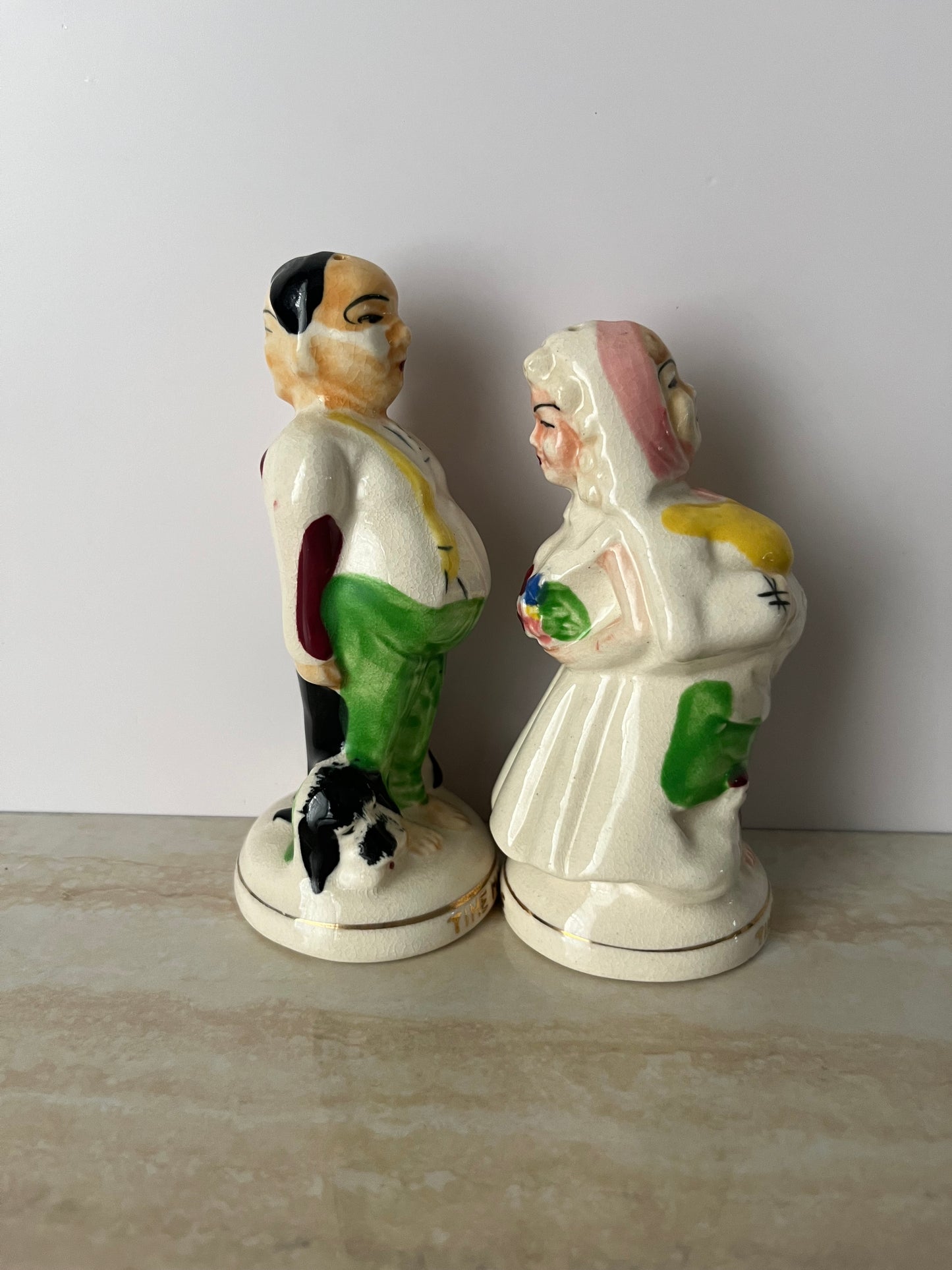 1950s “Time Marches On” Bride & Groom Salt & Pepper Shakers – Before & After Marriage Novelty Japan Ceramic