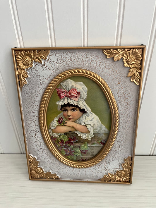 1880s-90s Young Girl in White Dress Mob Cap Bonnet with Pink Ribbon Art Print in Vintage Decorative White/Gold Plastic Frame