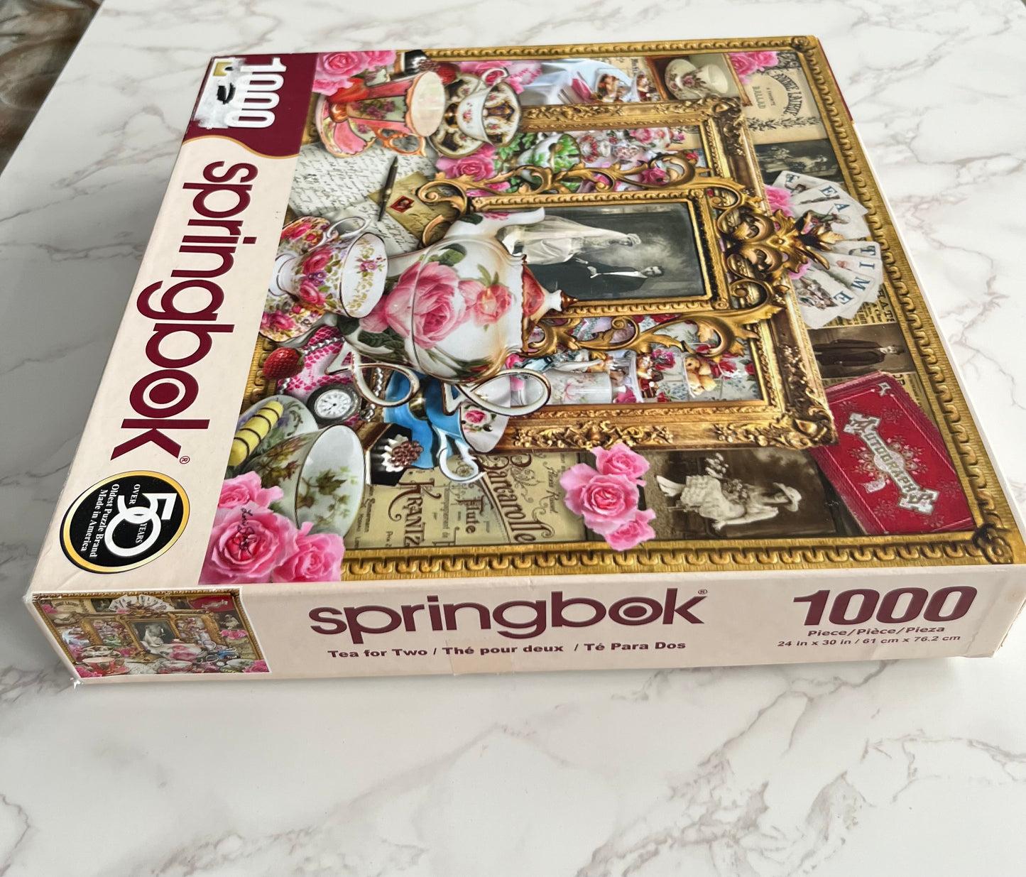 Springbok “Tea for Two” Romantic Rose Tea Set Collage Puzzle — 1000 Piece — Vintage Victorian Style — Made USA — c. 2010s–2020s