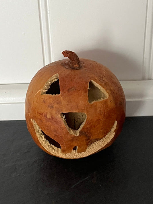 Small Hand-Carved Dried Gourd Jack-O’-Lantern | Artisan Folk Art Halloween Pumpkin | Candy Corn Manor
